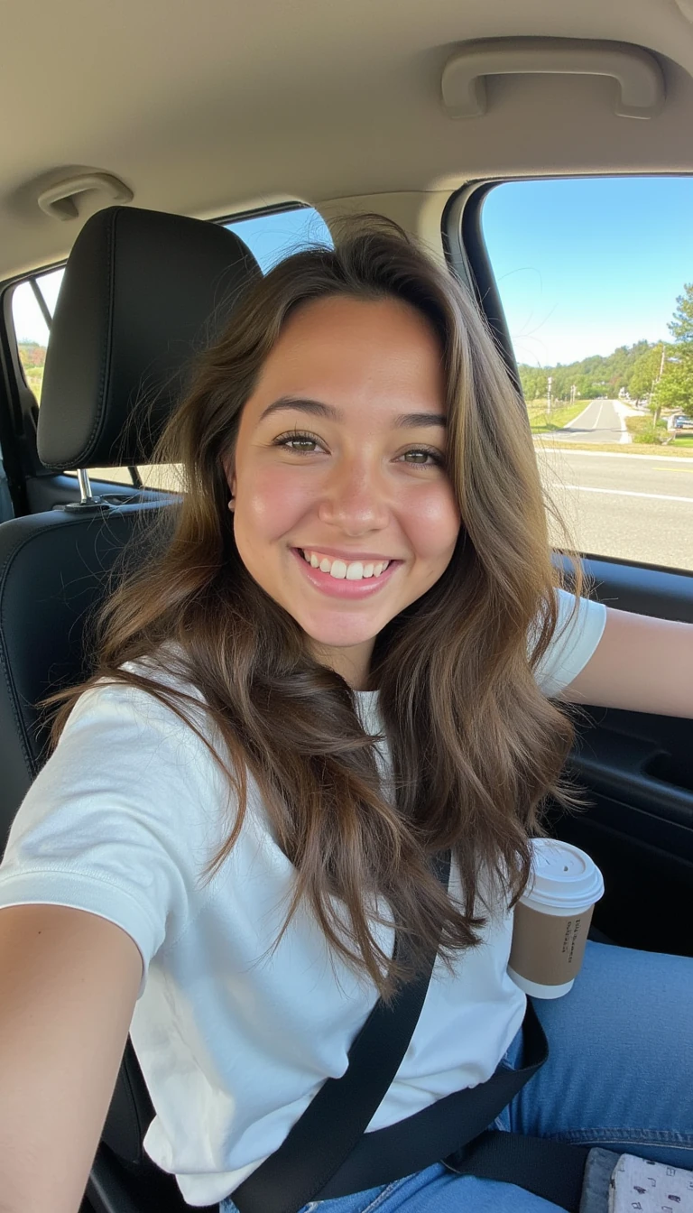 boring low quality snapchat photo circa 2015, A young woman with a warm smile, sitting in the driver's seat of a cozy car. She has soft, wavy brown hair cascading past her shoulders. The sunlight streams through the window, casting a gentle glow on her face. The interior of the car is neat and comfortable, with a coffee cup in the cup holder and a small plant on the dashboard. The background outside the window shows a scenic road lined with trees and blue skies