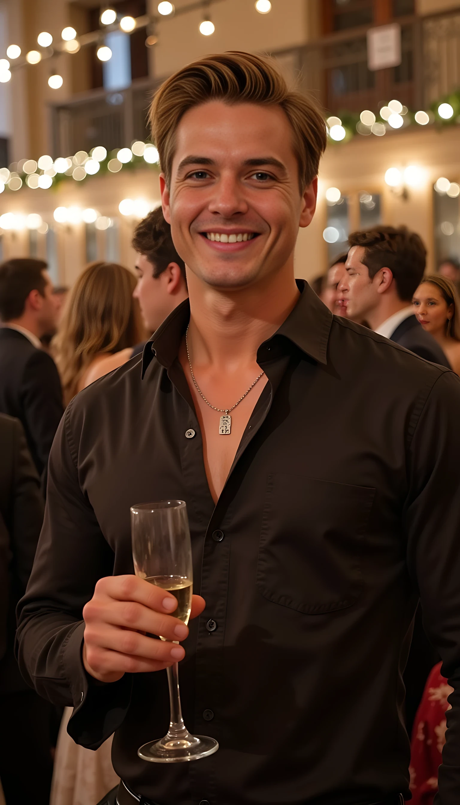 Kane Davenport, deceptive Prince Charming with light blue eyes and muscular frame, attends a glamorous Graystone University party, mingling with elite students, snake tattoo hidden under his casual yet polished shirt, flashing a welcoming smile that masks his predatory nature, champagne flute in hand amid twinkling lights and crowds.