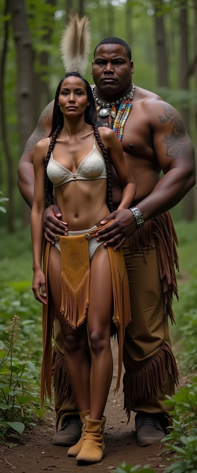 photo of woman CSTMDL, a medium shot photo of, a slim woman, her full body is in the scene, she has a slender petite build with petite small boobs and a flat chest, she has small dark skin nipples with long pointy nipple ducts and small dark skinned areolas, her hair is styled with two long braids she has eagle plumes in her hair, she is not wearing earrings, she is wearing a native American style vest in a golden yellow color over top of her underwear, her vest is open exposing her strapless bra, her bra is a strapless white lace bra, she is wearing white lace panties, she is wearing ankle height smoked hide moccasins, natural lighting, natural light, amateur photography, shot on an iPhone, she is standing with her legs spread wide apart in a densely wooded forest, she is maintaining intense eye contact with the camera, there is a giant native American fat man three times her height standing directly behind her holding onto gripping the woman's waistline, the man is holding her in front of him, the man is a real giant three times the height of an average male, public setting, Hyper realism, ultra-sharp focus, highly detailed, natural lighting, natural light, amateur photography,