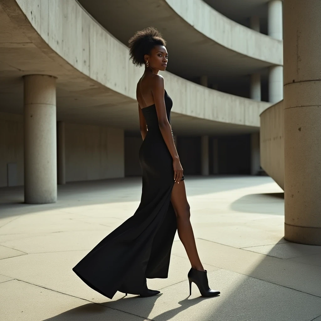 Architectural Fashion
Shot on Canon R3, 70-200mm f/2.8, ISO 100, 1/200 sec. Full body shot of commanding model with light olive brown skin in Alexander McQueen structured dress. 5'11", size 2, legs elongated by stilettos. Skin retains natural texture while appearing flawless: microscopic peach fuzz on face catching rim light, subtle glow from luxury skincare. Main light: Profoto B10X through 4x6 softbox at f/11. Location: Guggenheim spiral, dramatic shadows from architectural elements. Pose references iconic Peter Lindbergh compositions. CSTMDL