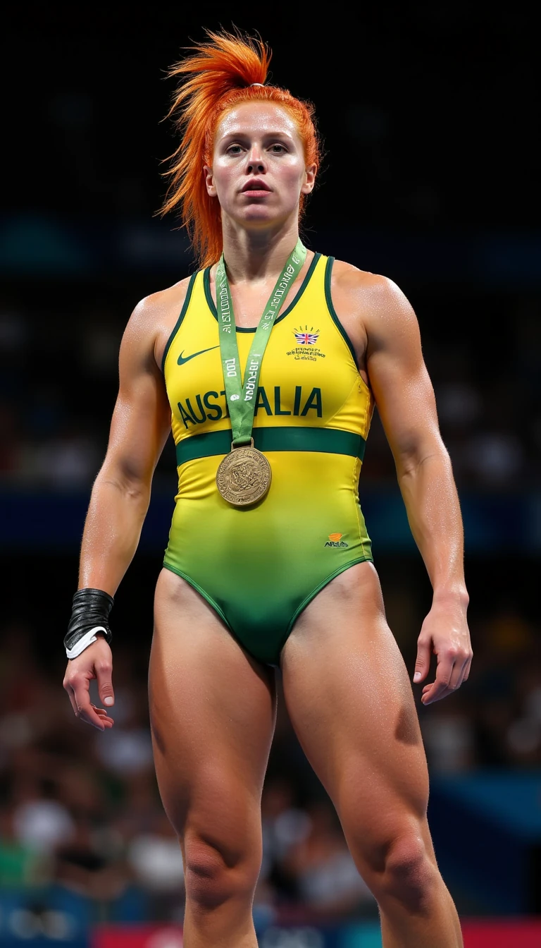 Lifelike 8k HD photo taken by an experienced professional photographer of sports illustrated, the image is of the CSTMDL woman looking sexy in the Australian national Olympic wrestling singlet. It is the Olympic summer Games in Paris, France in 2024. She is standing atop the podium with her gold medal around her neck. Her vibrant red hair is in a high ponytail, she is glistening with sweat, her huge breasts are a focal point of the picture 