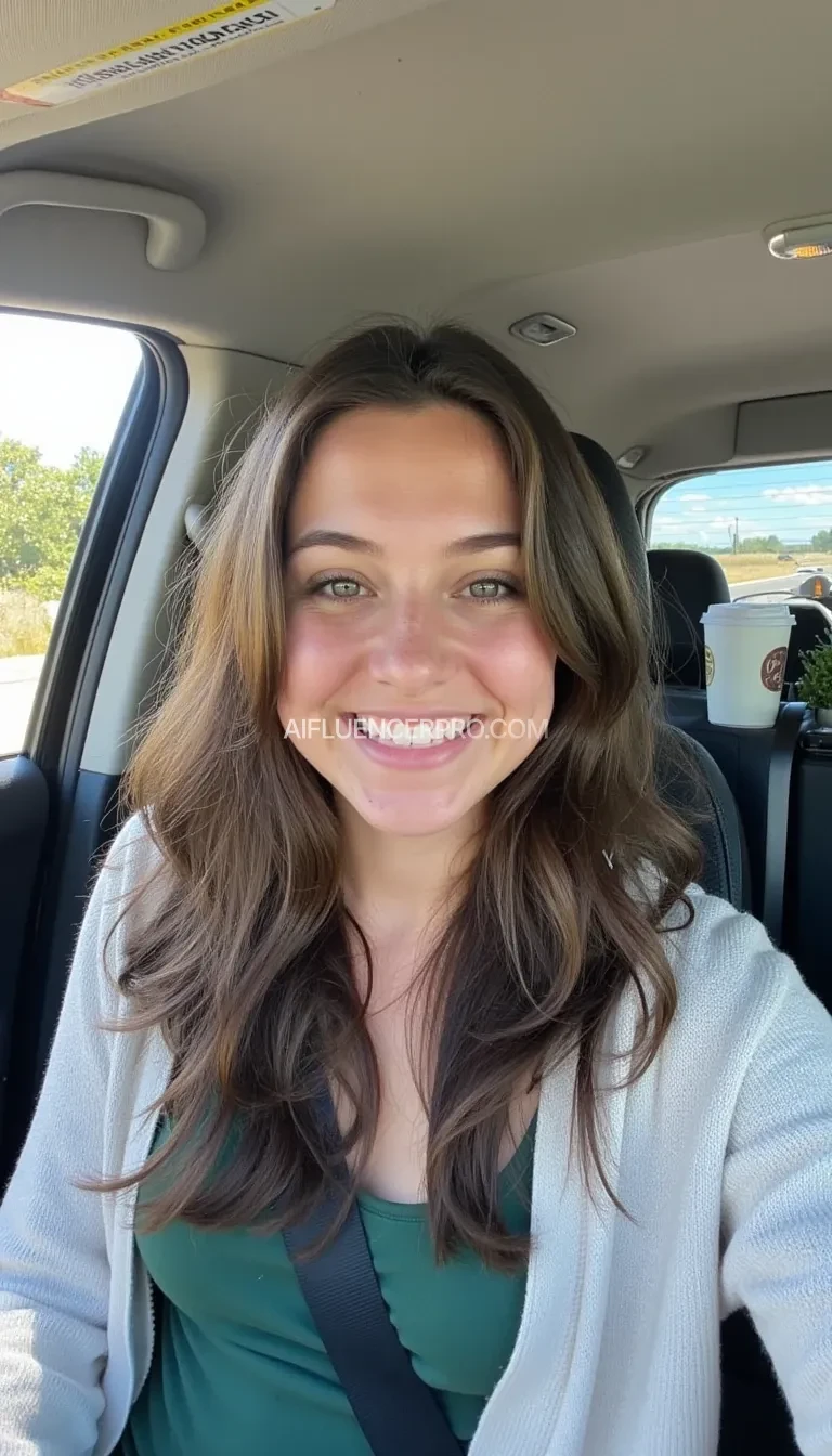 boring low quality snapchat photo circa 2015, A young woman with a warm smile, sitting in the driver's seat of a cozy car. She has soft, wavy brown hair cascading past her shoulders. The sunlight streams through the window, casting a gentle glow on her face. The interior of the car is neat and comfortable, with a coffee cup in the cup holder and a small plant on the dashboard. The background outside the window shows a scenic road lined with trees and blue skies