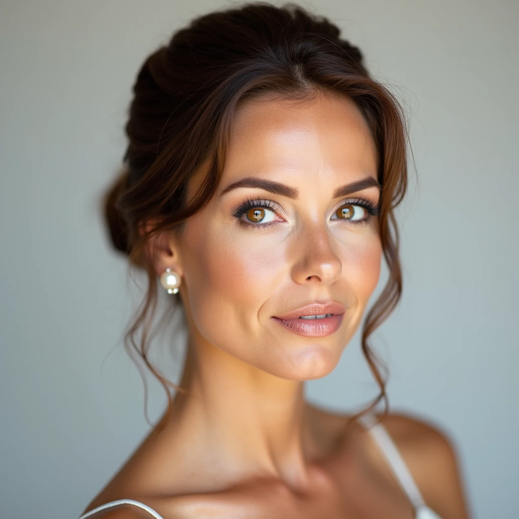 score_9, elegant portrait of a mature woman, mid-forties, chestnut brown hair in a neat bun, hazel eyes, subtle eyeliner, pearl earrings, clean studio background, soft light, 85mm lens