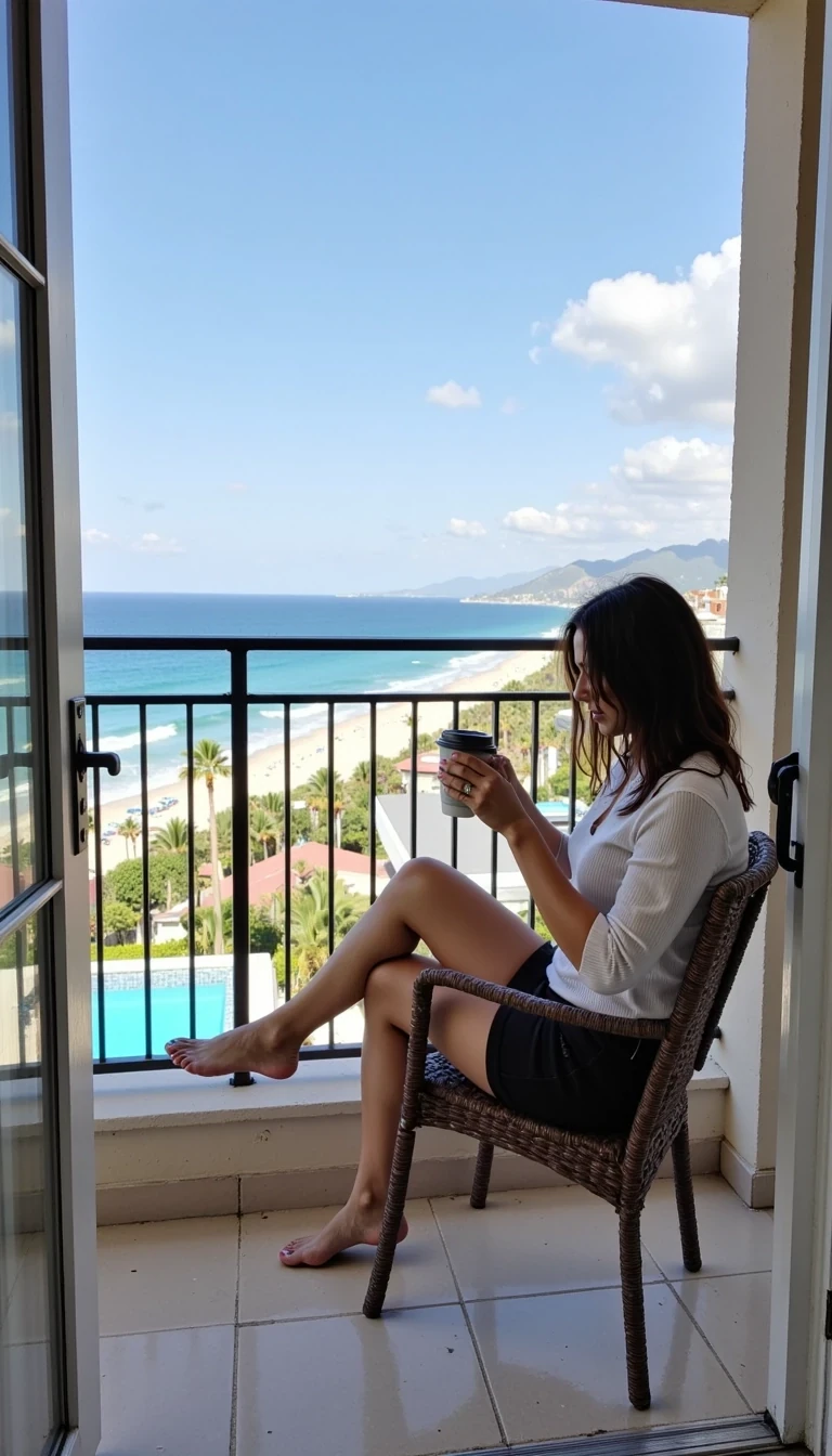 photo of woman CSTMDL, drink coffee on a balcony overlooking the beach
