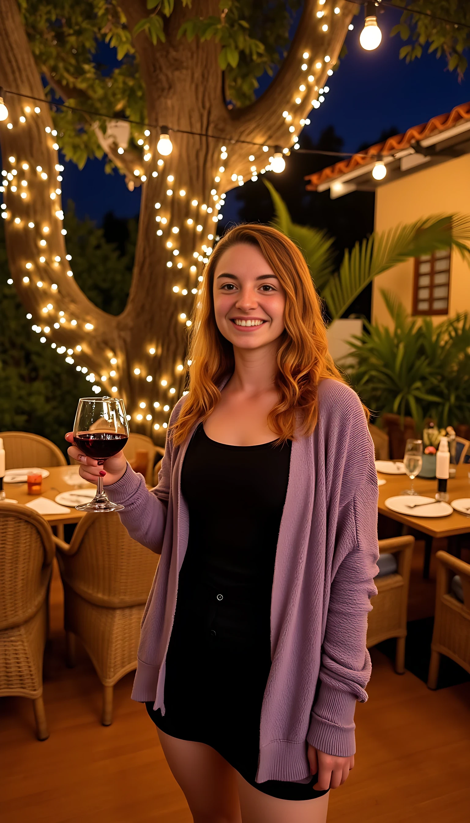 A full body shot photo of a woman standing outdoors at a cozy, warmly lit patio in the evening, with soft, glowing lights wrapped around a tree behind them creating a charming atmosphere. The image is rich in detail, with warm tones and clear textures throughout. The woman has fair skin, a slim build, and long reddish-blonde hair, also worn loose. She is smiling warmly at the camera, holding a glass of red wine in her right hand, and wears a soft-textured lavender cardigan over a black top. The background features a large tree with sparkling string lights wrapped around its trunk and branches, adding a magical touch to the scene. The setting suggests a private outdoor seating area, with elements like terracotta-tiled roofing, greenery, and rattan chairs contributing to a serene, inviting vibe. The overall composition is balanced, with the woman framed against the softly glowing tree, and the lighting enhances the warm, intimate feel of a quiet evening shared among friends. The details are vivid, with textures of clothing, skin, and background elements clearly visible, while the warm lighting creates a relaxed and joyful mood