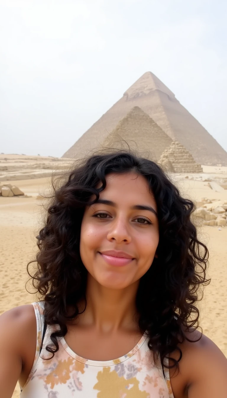 boring low quality snapchat photo circa 2015, cute mexican woman, soft light black curly hair, with big lips selfie. She is in front of the giza pyramids on tourism