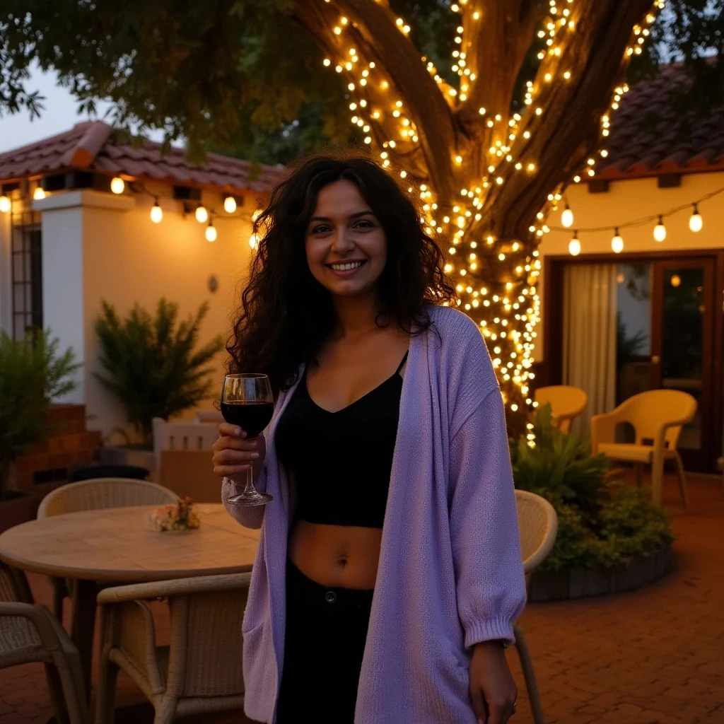 A full body shot photo of a woman standing outdoors at a cozy, warmly lit patio in the evening, with soft, glowing lights wrapped around a tree behind them creating a charming atmosphere. The image is rich in detail, with warm tones and clear textures throughout. The woman has tanned skin, a athletic build, and long curled dark hair, also worn loose. She is smiling warmly at the camera, holding a glass of red wine in her right hand, and wears a soft-textured lavender cardigan over a black top. The background features a large tree with sparkling string lights wrapped around its trunk and branches, adding a magical touch to the scene. The setting suggests a private outdoor seating area, with elements like terracotta-tiled roofing, greenery, and rattan chairs contributing to a serene, inviting vibe. The overall composition is balanced, with the woman framed against the softly glowing tree, and the lighting enhances the warm, intimate feel of a quiet evening shared among friends. The details are vivid, with textures of clothing, skin, and background elements clearly visible, while the warm lighting creates a relaxed and joyful mood