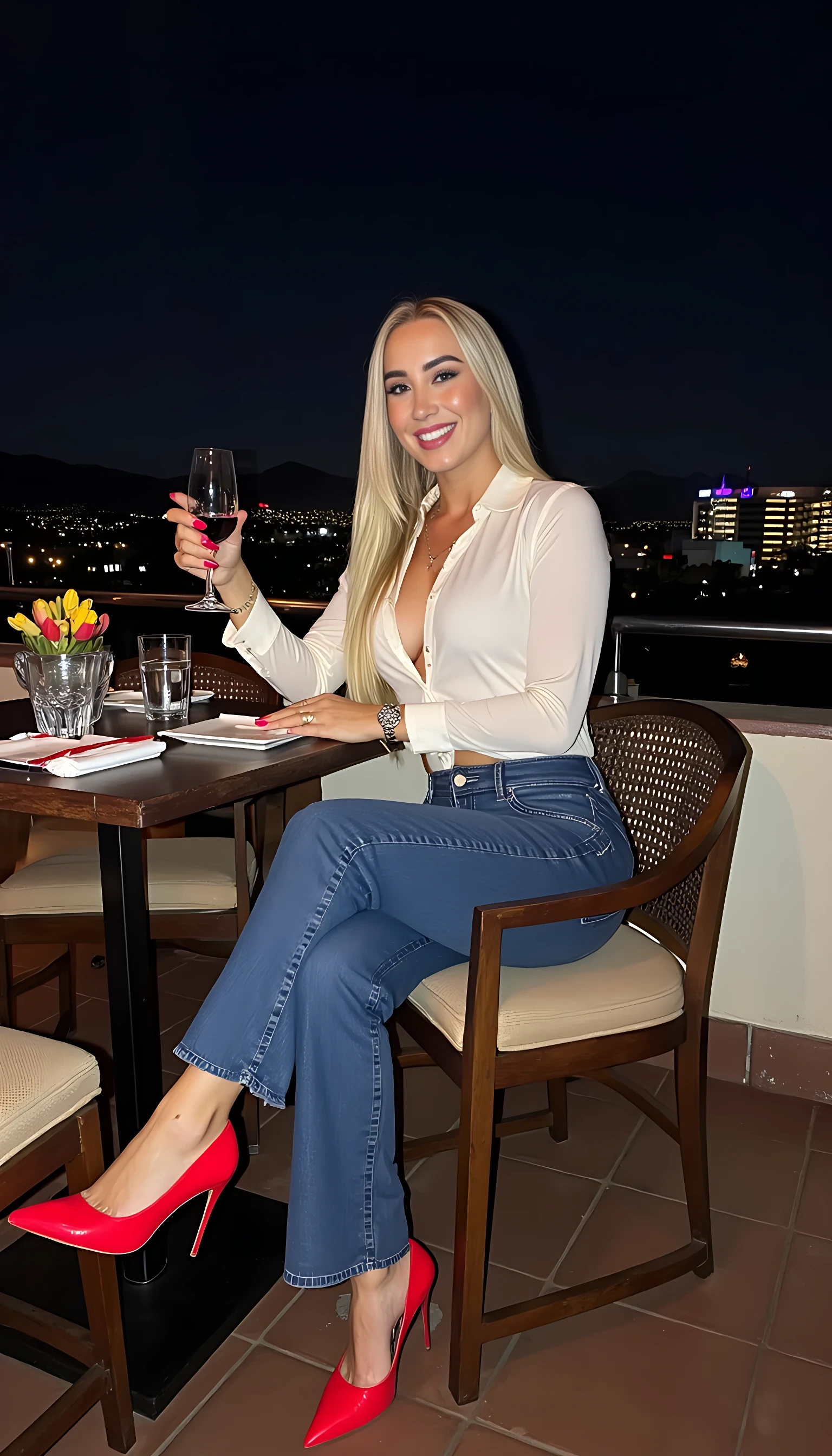  Curby  body blond hair blue eyes  smiling blue jeans and white shirt red high heels seating on a nice restaurant  with a glass of wine on a rooftop city night lights  clear background 