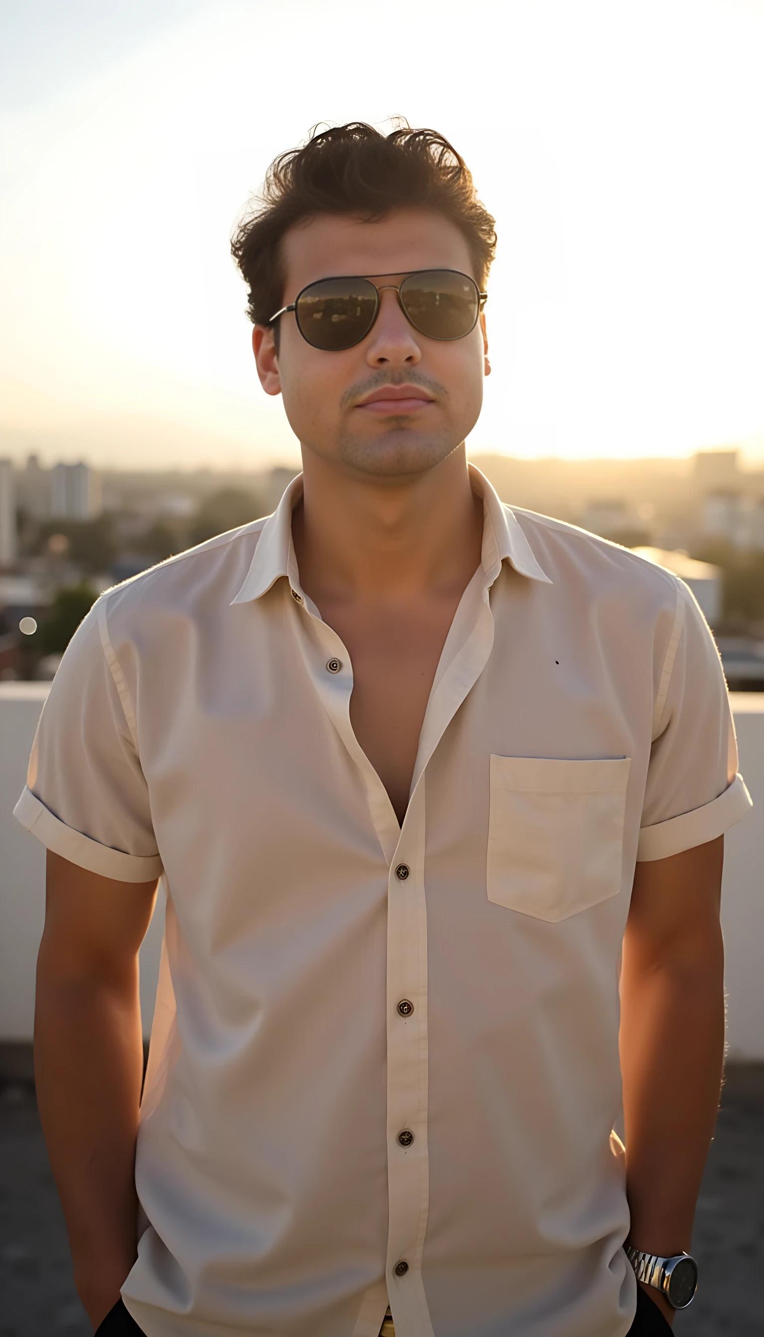 cinematic hyper-realistic photo of a handsome CSTMDL 20-year-old man wearing black sunglasses, soft golden hour lighting, standing on a rooftop with a scenic city view in the background, dressed in a cream linen shirt slightly unbuttoned, silver watch, relaxed posture, hands in pockets, confident but casual vibe, iphone camera, slightly grainy amateur photo, focus on outfit and atmosphere, no other people