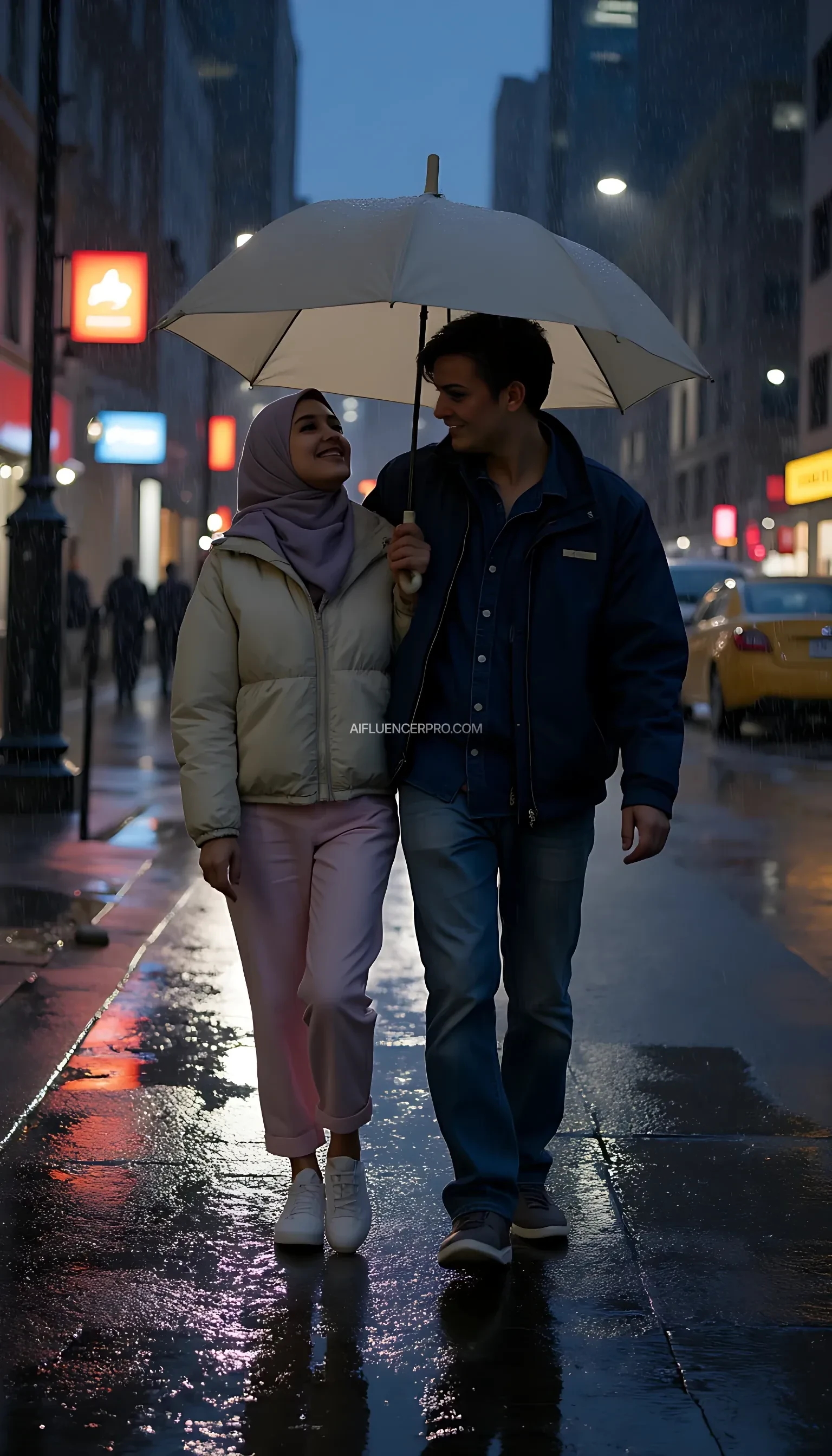 "A photorealistic depiction of a dark, wet city street at night, with rain falling softly. Supergirl is walking alongside her companion. She wears pastel trousers paired with a matching hijab, her face glowing with a warm smile as she looks up at him. The companion, dressed in a navy shirt, blue jacket, and jeans, is holding a white jacket above their heads as an impromptu umbrella, shielding them from the rain. Their closeness conveys a warm and romantic atmosphere. The wet pavement reflects the sparkling city lights, enhancing the cinematic feel of the scene, with puddles scattered across the street adding texture and depth."