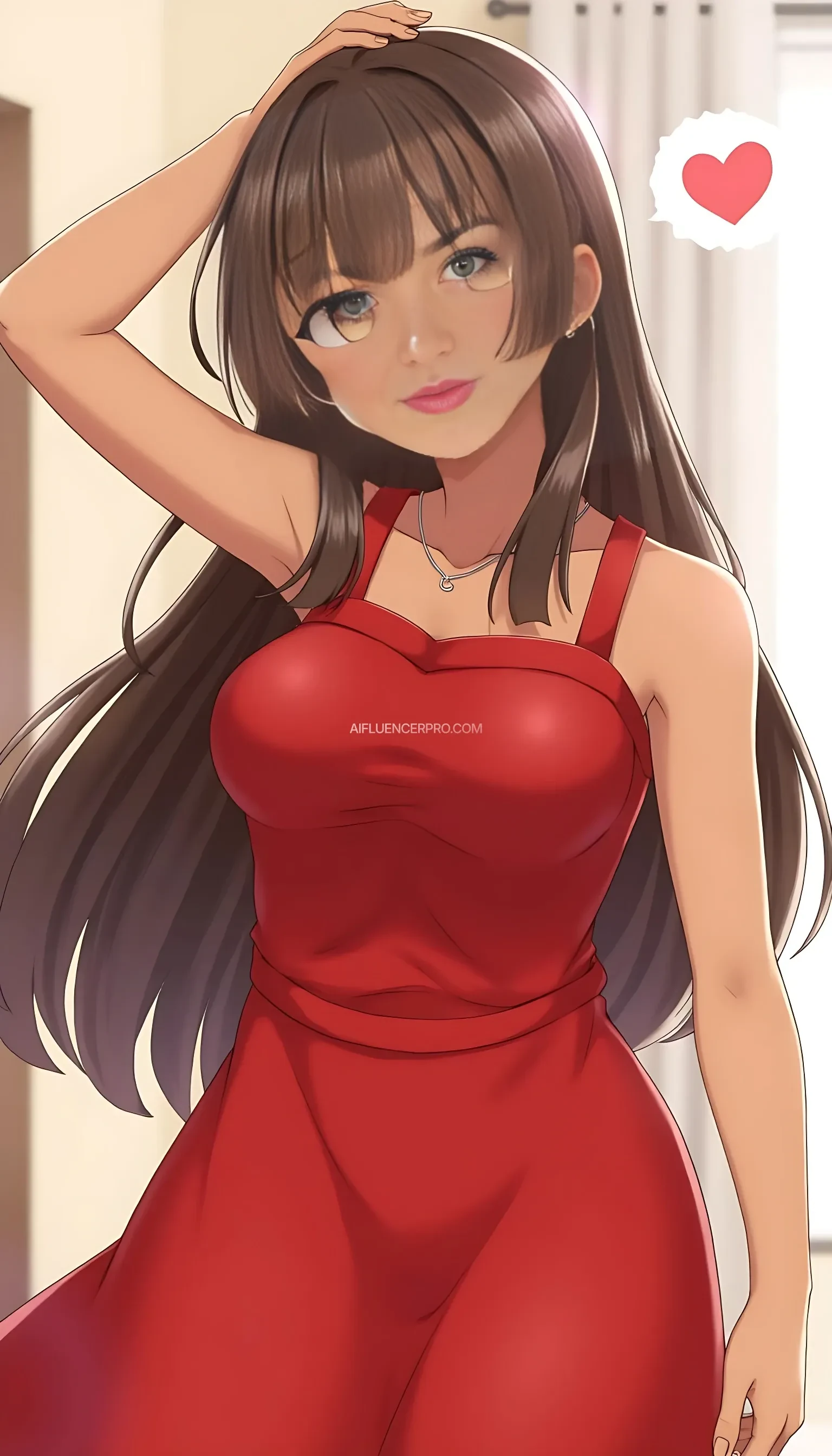 1girl, solo, long hair, breasts, looking at viewer, brown hair, dress, bare shoulders, jewelry, standing, heart, earrings, sleeveless, dark skin, indoors, armpits, necklace, arm up, lips, head tilt, bare arms, makeup, sleeveless dress, wavy hair, red dress, lipstick, eyeshadow, hoop earrings, photo (medium)