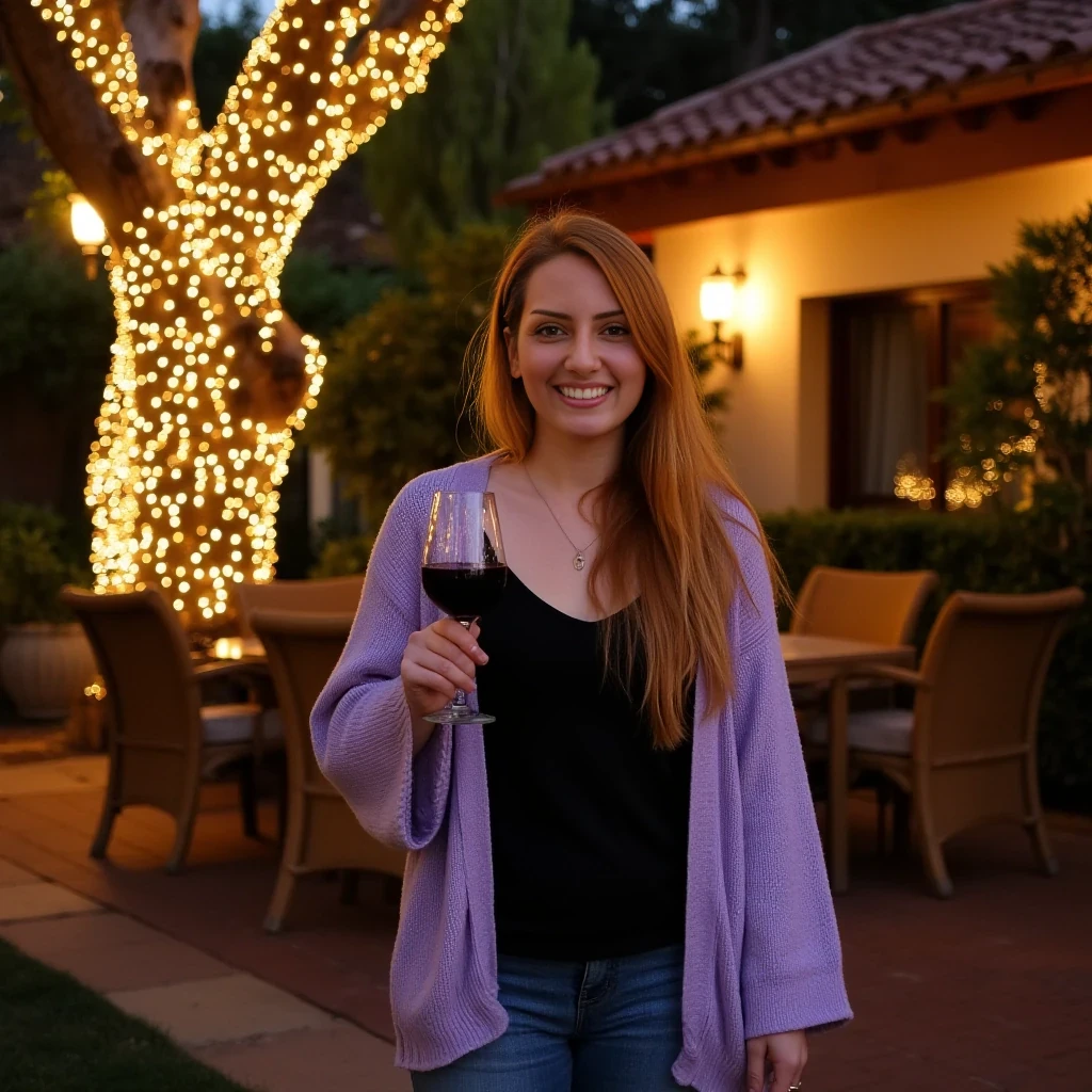 A full body shot photo of a woman standing outdoors at a cozy, warmly lit patio in the evening, with soft, glowing lights wrapped around a tree behind them creating a charming atmosphere. The image is rich in detail, with warm tones and clear textures throughout. The woman has fair skin, a slim build, and long reddish-blonde hair, also worn loose. She is smiling warmly at the camera, holding a glass of red wine in her right hand, and wears a soft-textured lavender cardigan over a black top. The background features a large tree with sparkling string lights wrapped around its trunk and branches, adding a magical touch to the scene. The setting suggests a private outdoor seating area, with elements like terracotta-tiled roofing, greenery, and rattan chairs contributing to a serene, inviting vibe. The overall composition is balanced, with the woman framed against the softly glowing tree, and the lighting enhances the warm, intimate feel of a quiet evening shared among friends. The details are vivid, with textures of clothing, skin, and background elements clearly visible, while the warm lighting creates a relaxed and joyful mood