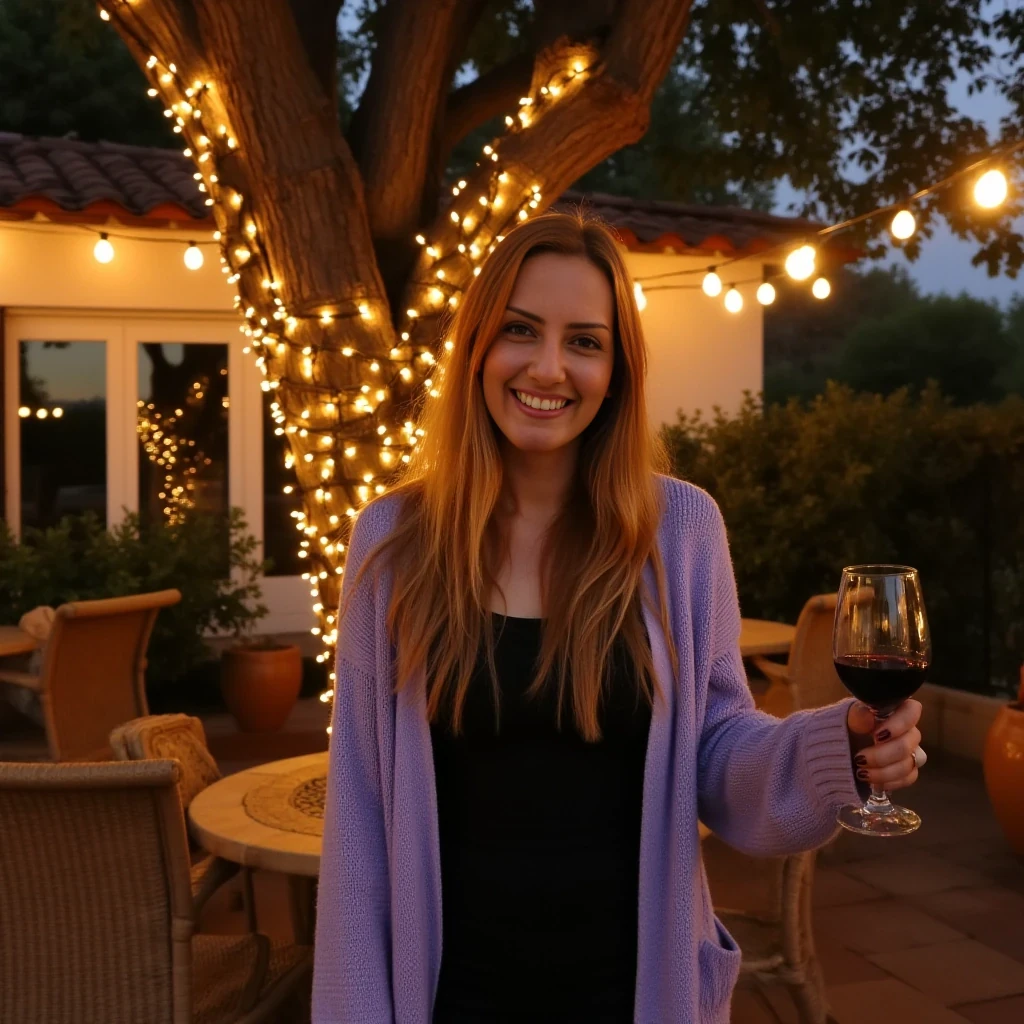 A full body shot photo of a woman standing outdoors at a cozy, warmly lit patio in the evening, with soft, glowing lights wrapped around a tree behind them creating a charming atmosphere. The image is rich in detail, with warm tones and clear textures throughout. The woman has fair skin, a slim build, and long reddish-blonde hair, also worn loose. She is smiling warmly at the camera, holding a glass of red wine in her right hand, and wears a soft-textured lavender cardigan over a black top. The background features a large tree with sparkling string lights wrapped around its trunk and branches, adding a magical touch to the scene. The setting suggests a private outdoor seating area, with elements like terracotta-tiled roofing, greenery, and rattan chairs contributing to a serene, inviting vibe. The overall composition is balanced, with the woman framed against the softly glowing tree, and the lighting enhances the warm, intimate feel of a quiet evening shared among friends. The details are vivid, with textures of clothing, skin, and background elements clearly visible, while the warm lighting creates a relaxed and joyful mood