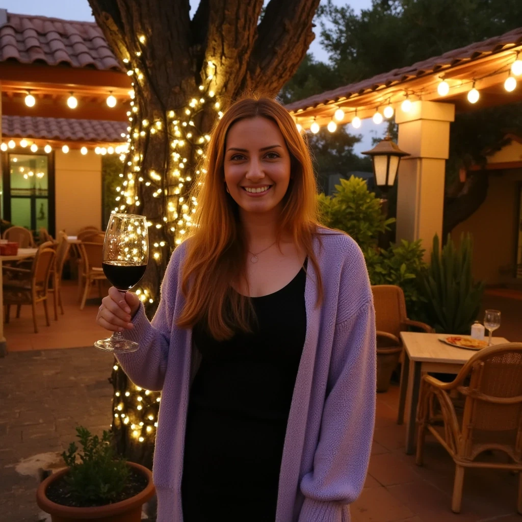 A full body shot photo of a woman standing outdoors at a cozy, warmly lit patio in the evening, with soft, glowing lights wrapped around a tree behind them creating a charming atmosphere. The image is rich in detail, with warm tones and clear textures throughout. The woman has fair skin, a slim build, and long reddish-blonde hair, also worn loose. She is smiling warmly at the camera, holding a glass of red wine in her right hand, and wears a soft-textured lavender cardigan over a black top. The background features a large tree with sparkling string lights wrapped around its trunk and branches, adding a magical touch to the scene. The setting suggests a private outdoor seating area, with elements like terracotta-tiled roofing, greenery, and rattan chairs contributing to a serene, inviting vibe. The overall composition is balanced, with the woman framed against the softly glowing tree, and the lighting enhances the warm, intimate feel of a quiet evening shared among friends. The details are vivid, with textures of clothing, skin, and background elements clearly visible, while the warm lighting creates a relaxed and joyful mood