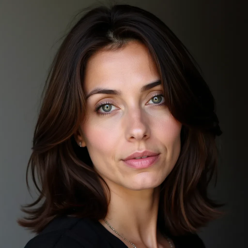 Portrait of a 30 year old brunette with blue eyes, high cheek bones, button nose, nice lips