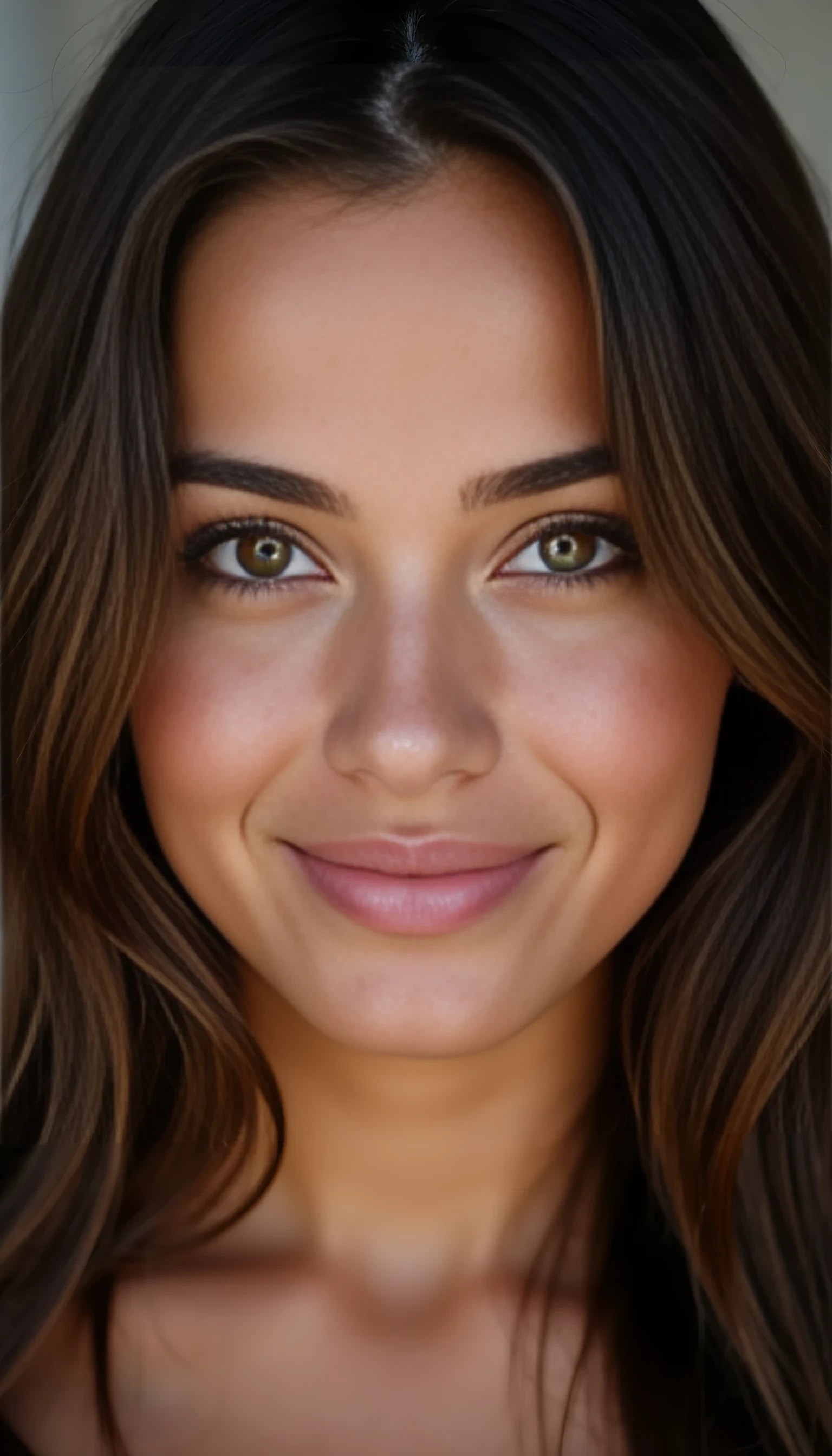 A portrait photo of a beautiful 20 years old model, mixed ethnicity of half white American half Brazilian, with silky brunette hair, amber brown eyes, ultra detailed eyes with sharp iris reflections, slight smile, studio-quality, extremely realistic HD