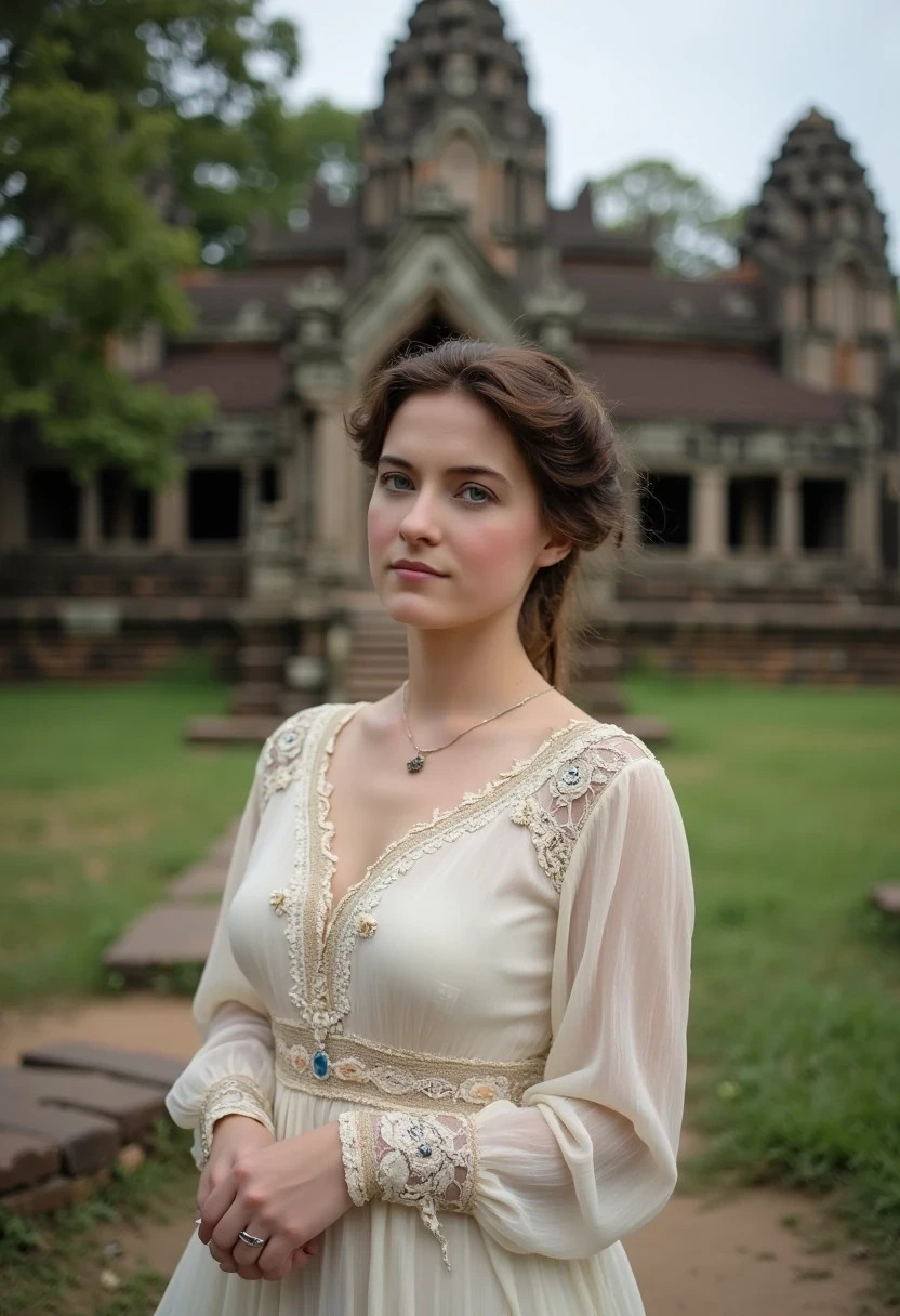 Medium shot of woman CSTMDL, brunette, small pendant, no watch, no ring, hair tied, blue eyes, vintage early 1900 white dress. Her dress is covering and chaste but reveals and highlights her very sexy and feminine curves.
She’s working as an archaeologist at Angkor temple. Khmer ruins in the jungle are in the background 