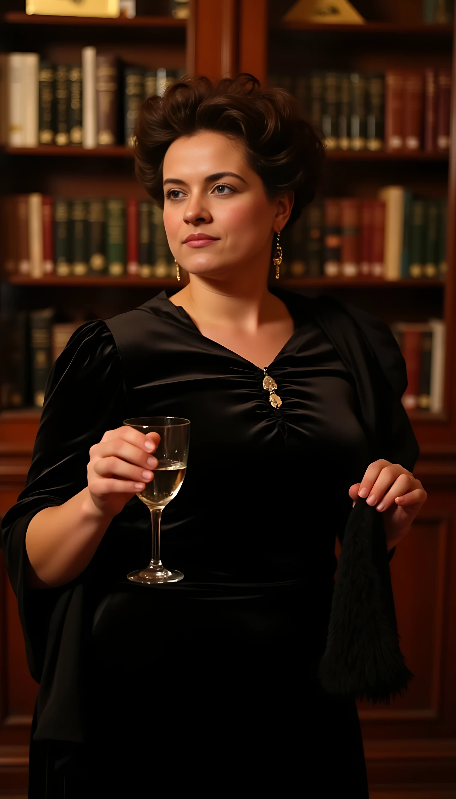 photo of woman CSTMDL, classy portrait. The photo is taken in the summer 2024. It’s a photo taken by night, during a reception in a French manor. The woman has a proud and haughty attitude, with a cold smile showing almost contempt. she wears a designer dress that shows her off. it's a magnificent black dress with a timeless classicism. She is the organizer of the evening, and she deserves admiration for that. She holds a glass of wine in her hand.
She’s in the library of the manor. Books are on beautiful “art nouveau” shelves and pieces of Khmer art are displayed. There’s a few people in the room, like 2 or 3, hosts of the woman. They look pale and jealous of her beauty and of her wonderful evening she organised.