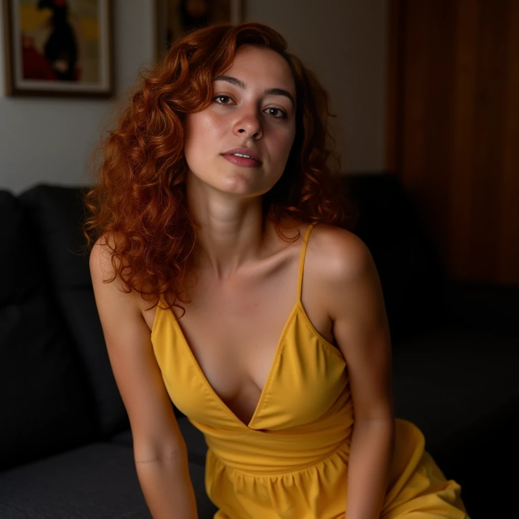 A woman with medium/small breasts, small waist, regular hips, and medium length curly reddish brown hair, wearing a yellow deep V-neck short spaghetti strap summer dress, without posed leaning forward with a slight side turn, head tilted left, intense gaze, indoors with a blurred background featuring a dark couch and wall art.