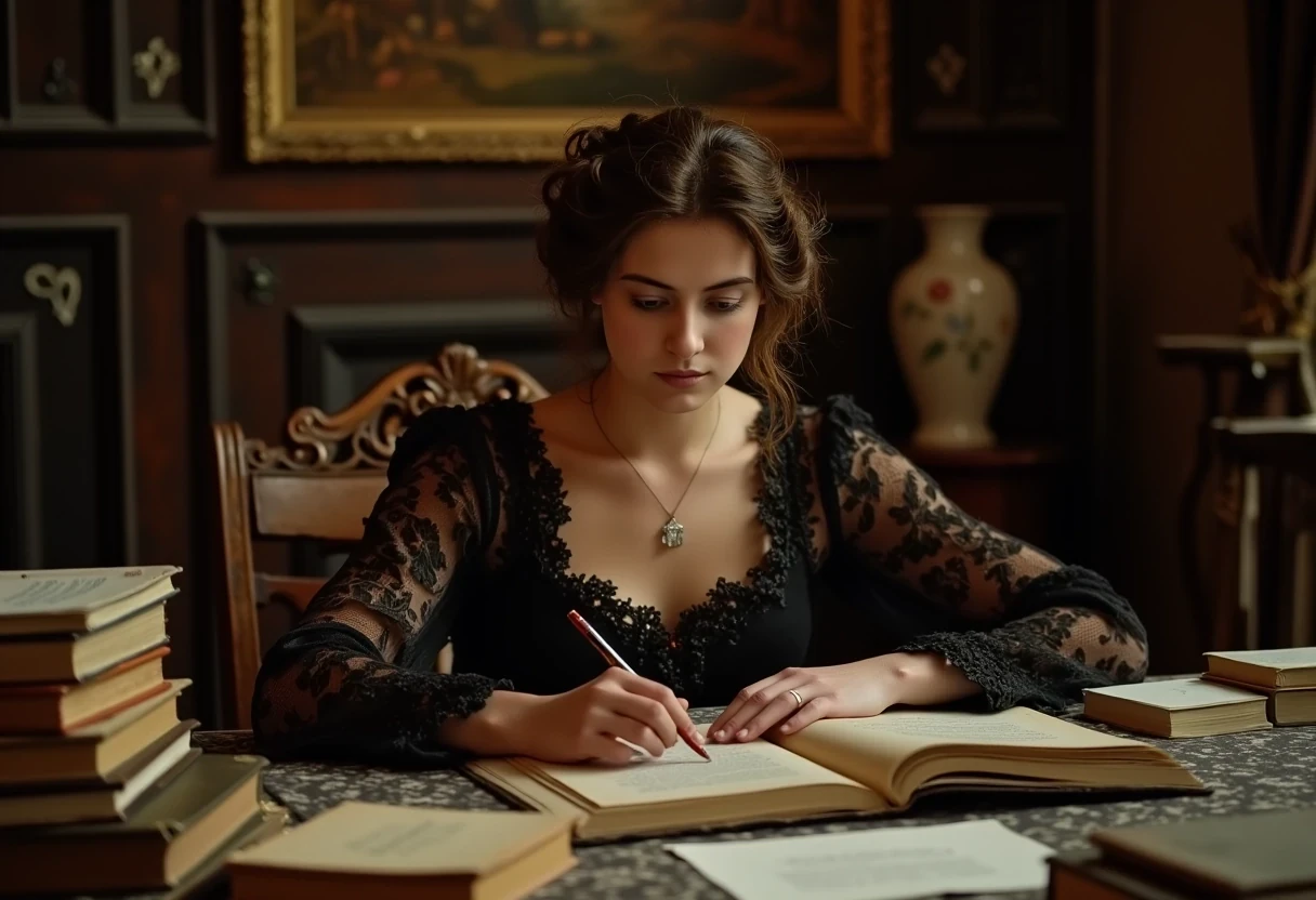 photo of woman CSTMDL, brunette, small pendant, hair tied, blue eyes, haute couture dress, working late night at her desk.
She’s surrounded by old books and sheets of paper she worked on.
She’s surrounded works in a beautiful art nouveau room