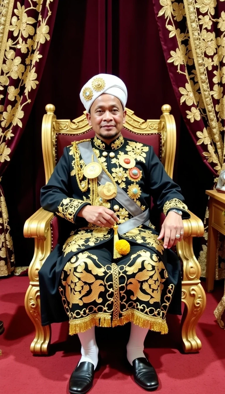 Sultan dressed in traditional Royal Malay Clothing sitting on his throne  