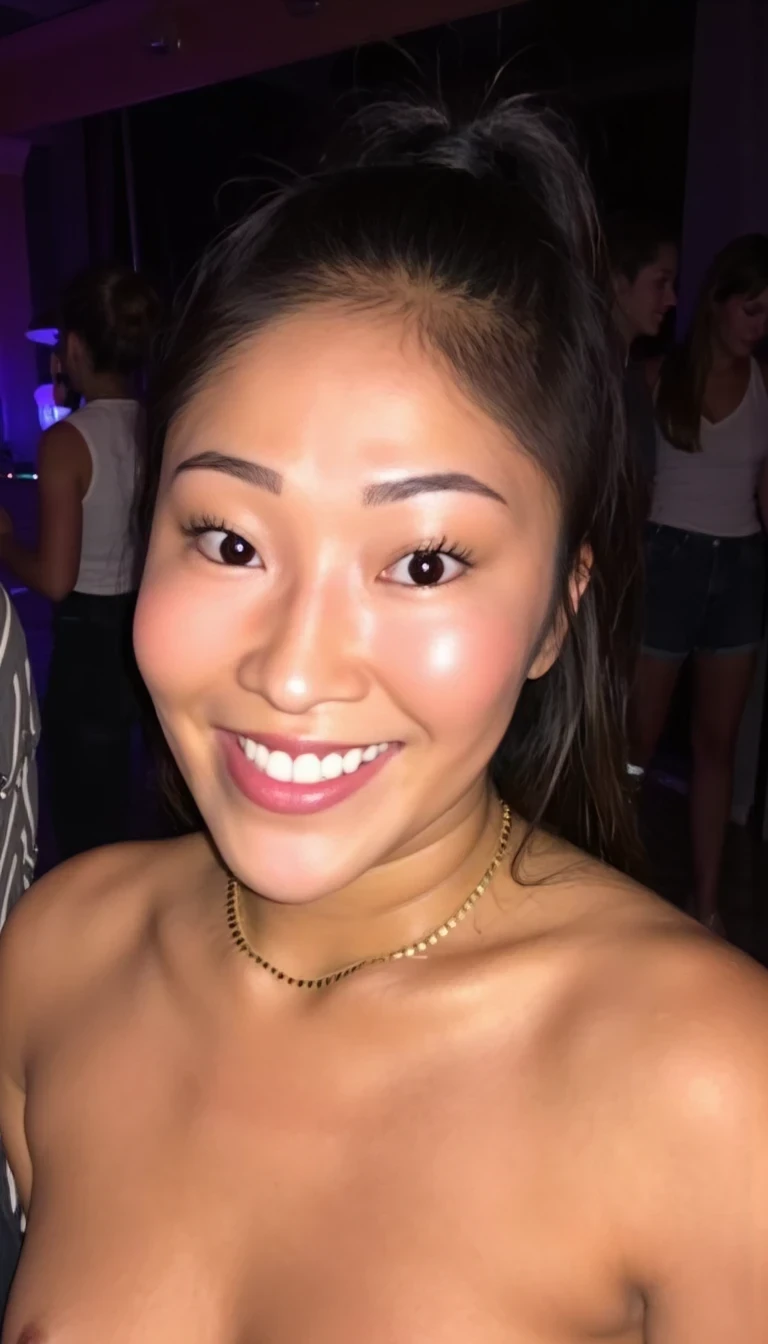 boring low quality snapchat photo circa 2023, petite CSTMDL naked, thick liquid that is white on her chin and forehead, black hair tied up, at a party
