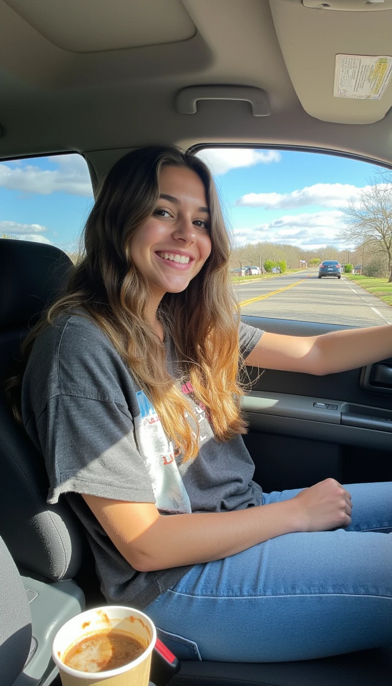 boring low quality snapchat photo circa 2015, A young woman with a warm smile, sitting in the driver's seat of a cozy car. She has soft, wavy brown hair cascading past her shoulders. The sunlight streams through the window, casting a gentle glow on her face. The interior of the car is neat and comfortable, with a coffee cup in the cup holder and a small plant on the dashboard. The background outside the window shows a scenic road lined with trees and blue skies
