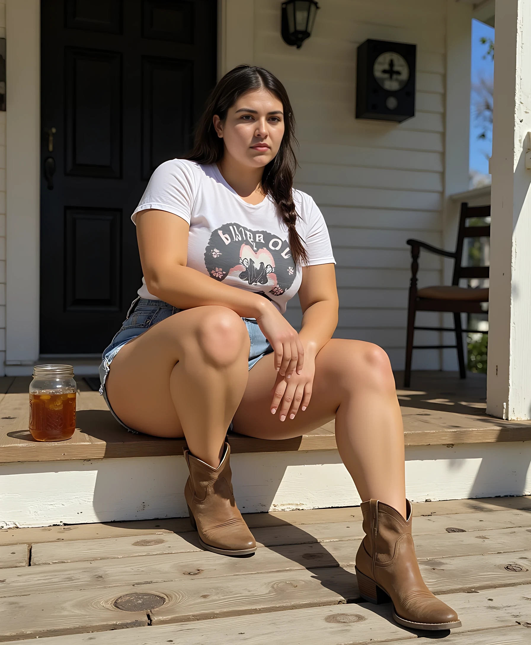 CSTMDL short and curvy with sun-warmed skin and a soft, athletic build, sits casually on the edge of a weathered wooden porch, pulling on a dusty cowboy boot. One leg is bent at the knee, the other stretched down barefoot, toes resting lightly on the sun-bleached steps. She wears a faded vintage graphic tee and frayed cut-off denim shorts that hug her hips comfortably. Her braid falls loosely over one shoulder, a few strands escaping to catch the light.

She looks directly at the camera with a quiet, unfiltered expression—brows slightly drawn in focus, lips parted as if mid-thought. The gaze is steady, intimate, and present—grounded yet subtly magnetic. Beside her, a mason jar of sweet tea catches the morning sun, with condensation trailing down the glass. The porch boards are richly textured with faded paint and deep grain, casting soft, broken shadows across her legs and shirt.

Captured with a 35mm lens at medium distance for a slightly wider, more personal frame. Natural mid-morning light creates gentle warmth and detailed skin texture. Editorial realism with photorealistic finish—focus on tactile materials: wood, denim, cotton, skin. 4:5 vertical portrait. The tone is relaxed and authentic with a hint of personal connection—classic country intimacy for Fanvue.