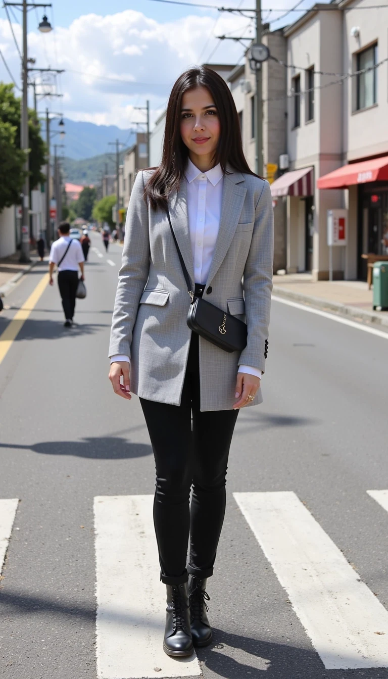 CSTMDL Nyxie 2 is on a busy city street in Japan. She is dressed fashionably. You can see open countryside in the background. 