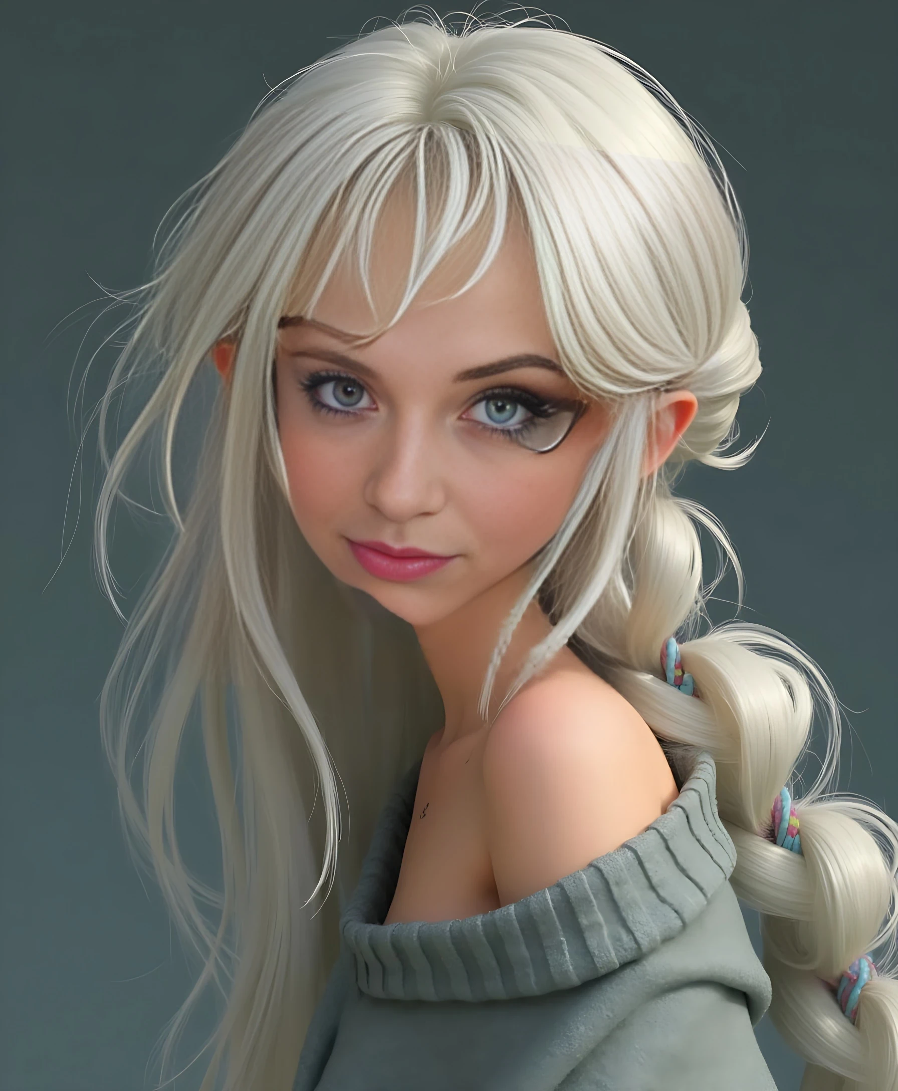 Luna, with ice blonde hair, wearing an oversized sweater draped off one shoulder
