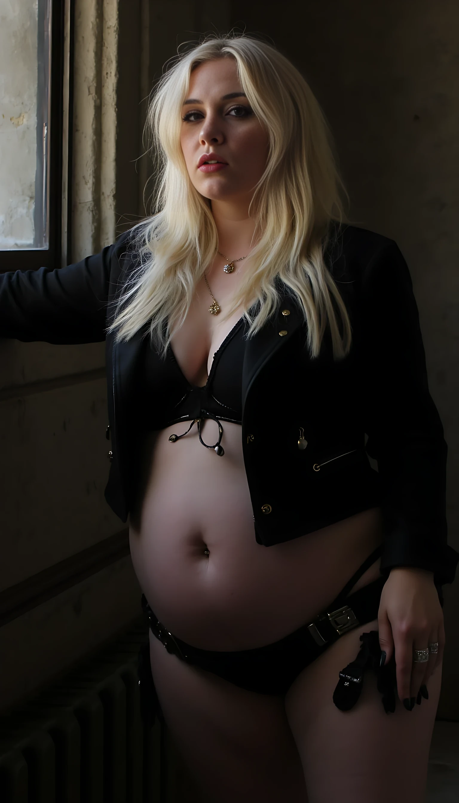 Photo concepts:
hero shot
bent over 
show butt cheeks
front view
missionary view
Portrait Photo
Selfie photo
Realistic look
natural lighting 
studio photography 
mid range shot

Name: Genevieve Harrow

 Age Appearance: 26 

Gender Expression: Feminine

Breast Size: XXL Breast, lots off cleavage 

Butt Size: XXL Butt, fat ass, pawg

Hip Width: Medium

Aesthetic: Blonde goth meets Parisian heiress 

Wardrobe: High-fashion goth — bra and panties, lingerie white linen, black leather, red latex, silk, velvet, lace. Vintage sunglasses, Gold hardware. rings, necklace, nipple rings, She wears Margiela with vintage Cartier. Color Palette: Black, ivory, deep red, cold gold, gunmetal.

Pose: squatting, legs spread, pubic hair, doggy style, standing, sitting on sofa, sitting on chair, on all fours, nude, nsfw, no panties, no bra

Hair: Platinum blonde, always styled with architectural precision or messy elegance

Makeup: Smoky eyes, porcelain skin, black liner like a dagger, gloss like spilled champagne.

Backgrounds and settings:
1. Gothic European Architecture
Grand staircases, cathedral windows, ornate banisters
Locations: Vienna, Prague, old Parisian mansions, Scottish manors
Ambience: cold stone, candlelight, echoes

2. Decadent High Fashion Spaces
Penthouse apartments with moody lighting and marble floors
Five-star hotel suites in Milan or Paris — untouched bedsheets, rose petals, room service tray half-eaten
Boutique fragrance ateliers or private art galleries

3. Lush but Overgrown Nature
Ivy-covered ruins, foggy forests, black-sand beaches
Pale skin + dark outfit + rich green backdrop = signature aesthetic
Daylight is muted — think overcast, post-rain, or twilight

4. Luxury Ritual Environments
Apothecary-style bathrooms, antique perfume trays, clawfoot bathtubs
Silk robes, antique mirrors, soft candle glow
Props: crystal goblets,  feathers, vintage silver brushes, sheep skin rugs 