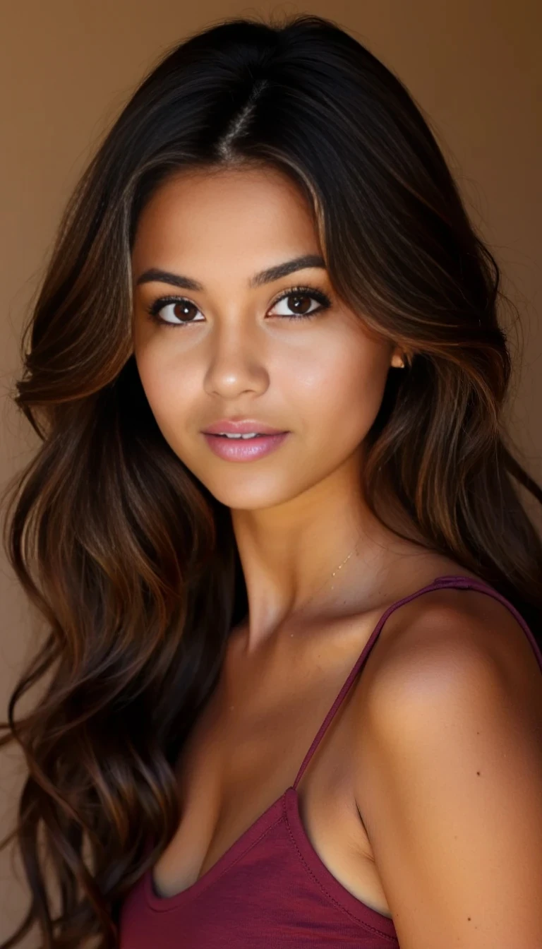 A photorealistic portrait of a stunning 18-year-old Latina woman named Isabella Cruz,looking like Selena Gomez, with long chestnut brown wavy hair cascading softly over her shoulders, light olive skin with a warm youthful glow, big almond-shaped brown eyes filled with curiosity and innocence, full natural pink lips with a soft pout, petite and elegant nose, straight softly defined eyebrows, and light freckles scattered across her cheeks and nose. Slim-thick figure with a small waist, large perky natural breasts, round toned hips, and a perfectly shaped firm ass, smooth toned legs. visible face from the right