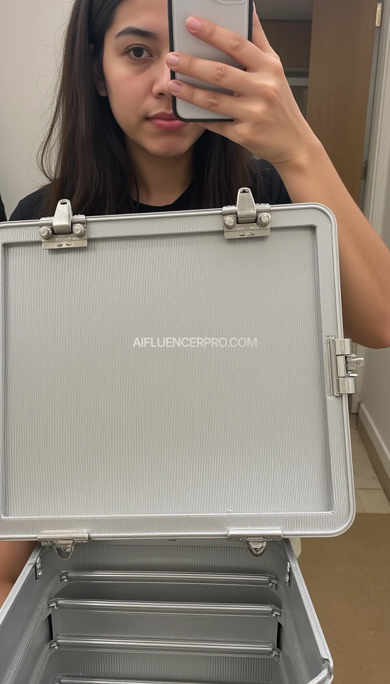 A front camera picture of a person taking a picture with one hand and holding a rectangular box with a textured, striped pattern. It has two metal latches on the top and a handle on the side. The color appears to be a mix of light and dark shades, possibly gray or silver. The lid is partially open, revealing a layered interior. The box seems to have a sturdy, possibly metallic construction.