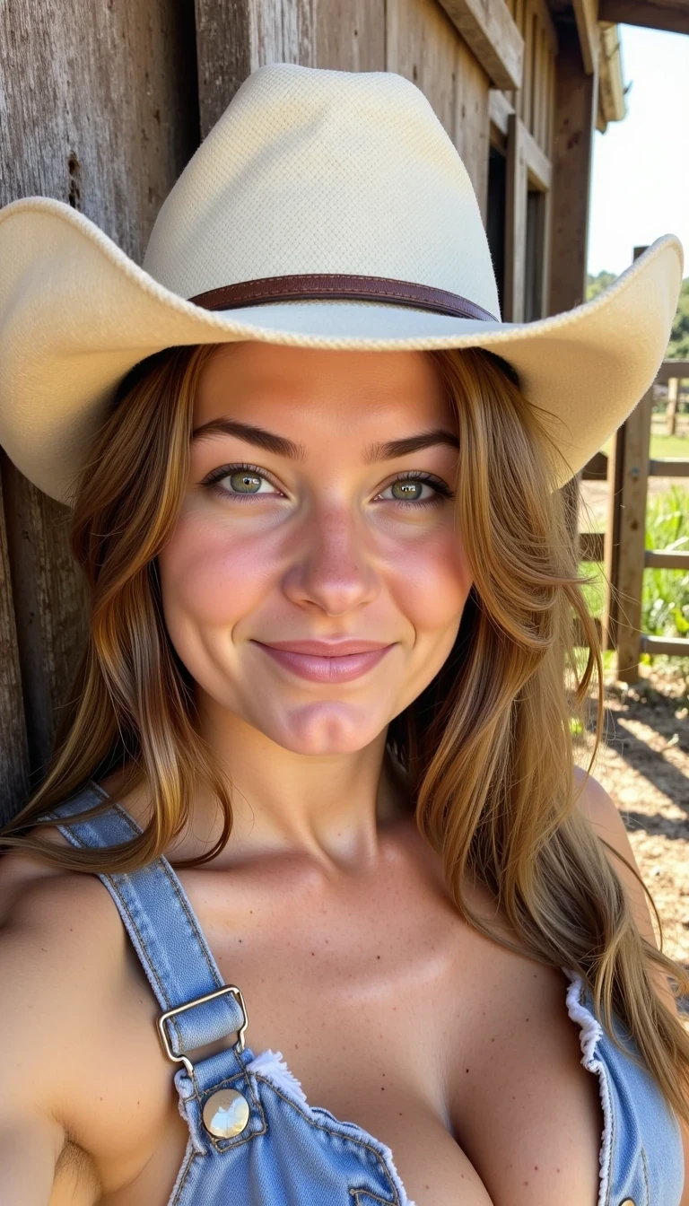 boring low quality snapchat photo circa 2015, Amateur photography of BeBe leaning against a rustic barn door, denim shorts, boots, and a cowgirl hat tipped low over her hazel-green eyes. Harsh golden-hour sunlight creates strong highlights across her cheekbones, visible pores and freckles clear in the warm glow. Background: rough wood texture, blurred ranch fencing. Expression: playful smirk hidden under the hat brim