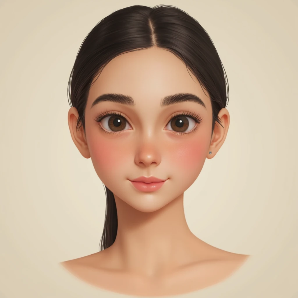 A young female face with a soft, symmetrical oval shape and a gently rounded chin. She has a smooth forehead that transitions naturally into softly contoured cheeks. Her eyebrows are medium in thickness, gently arched and well-groomed, sitting naturally above her eyes. Her eyes are large, round, and wide-set with a slightly upward tilt at the outer corners. The eyelids have a gentle crease, and her lower lash lines are clean and defined. She has a small, straight nose with a narrow bridge and a softly rounded tip. Her cheeks are full with a youthful flush, blending smoothly into her face without sharp angles. Her lips are full and naturally pink; the upper lip has a defined cupid's bow and the lower lip is slightly fuller. Her skin is smooth, even-toned with a warm, natural glow.