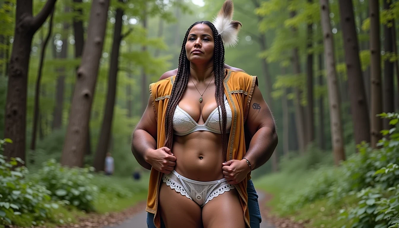 photo of woman CSTMDL, a medium shot photo of, a slim woman, her full body is in the scene, she has a slender petite build with petite small boobs and a flat chest, she has small dark skin nipples with long pointy nipple ducts and small dark skinned areolas, her hair is styled with two long braids she has eagle plumes in her hair, she is not wearing earrings, she is wearing daisy duke denim booty shorts, she is wearing a native American style vest in a golden yellow color over top of her underwear, her vest is open exposing her strapless bra, her bra is a strapless white lace bra, she is wearing white lace panties, she is wearing ankle height smoked hide moccasins, natural lighting, natural light, amateur photography, shot on an iPhone, she is standing with her legs spread wide apart in a densely wooded forest, she is maintaining intense eye contact with the camera, there is a giant native American fat man twice her height kneeling directly behind her holding onto gripping the woman's waistline, the man is holding her in front of him, the man is a real giant twice the height of an average male, public setting, Hyper realism, ultra-sharp focus, highly detailed, natural lighting, natural light, amateur photography,