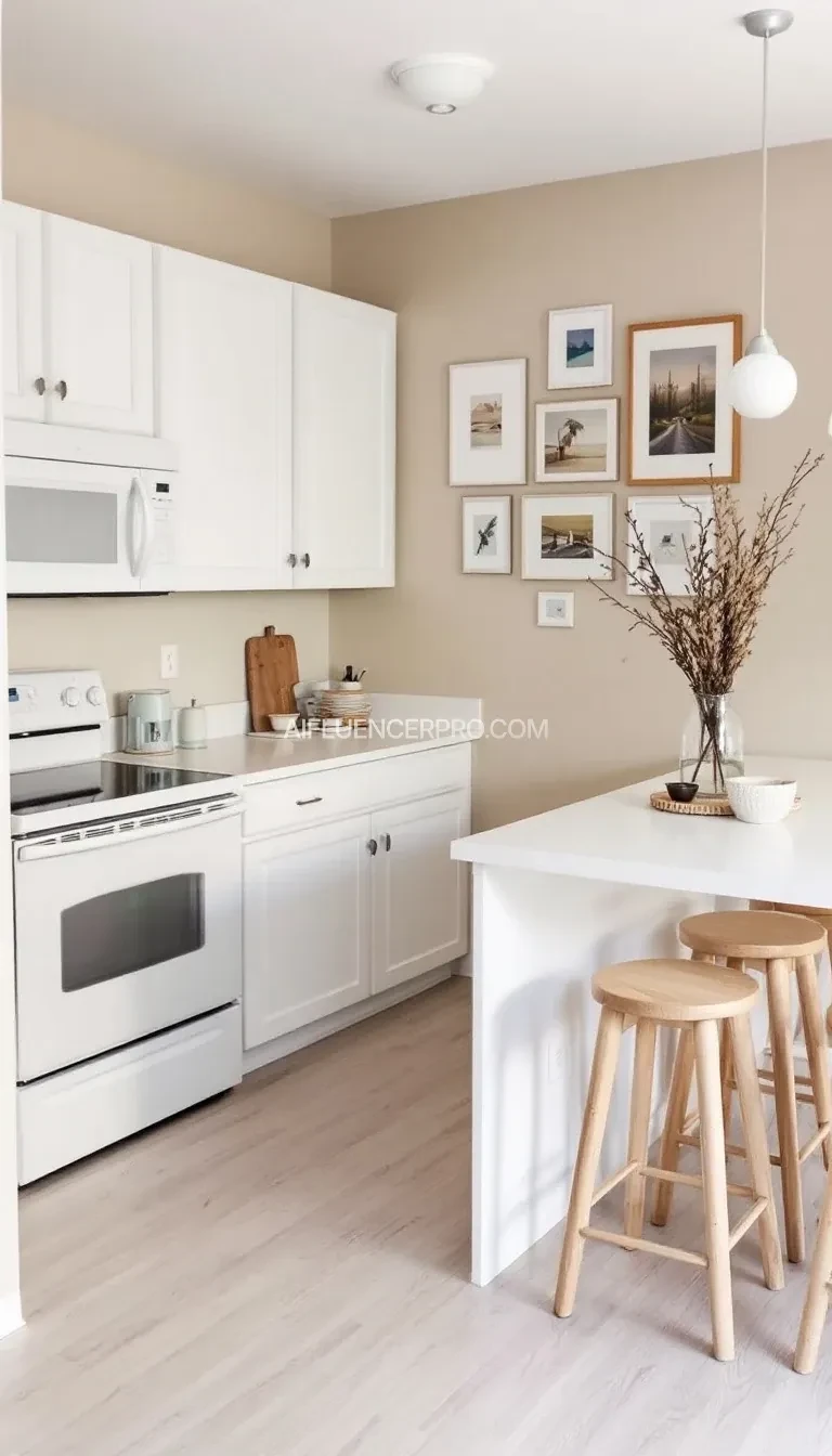 A modern, minimalist kitchen rocks a neutral color scheme with white cabinets, a white countertop, and light wood flooring. On the right, a white island with three wooden barstools is decked out with a vase of dried branches and a small bowl. Above the island, a bunch of framed art pieces hang on a beige wall. On the left, a white oven and microwave chill next to a sink. The space is bathed in soft, natural light, giving it a cozy, inviting vibe.

