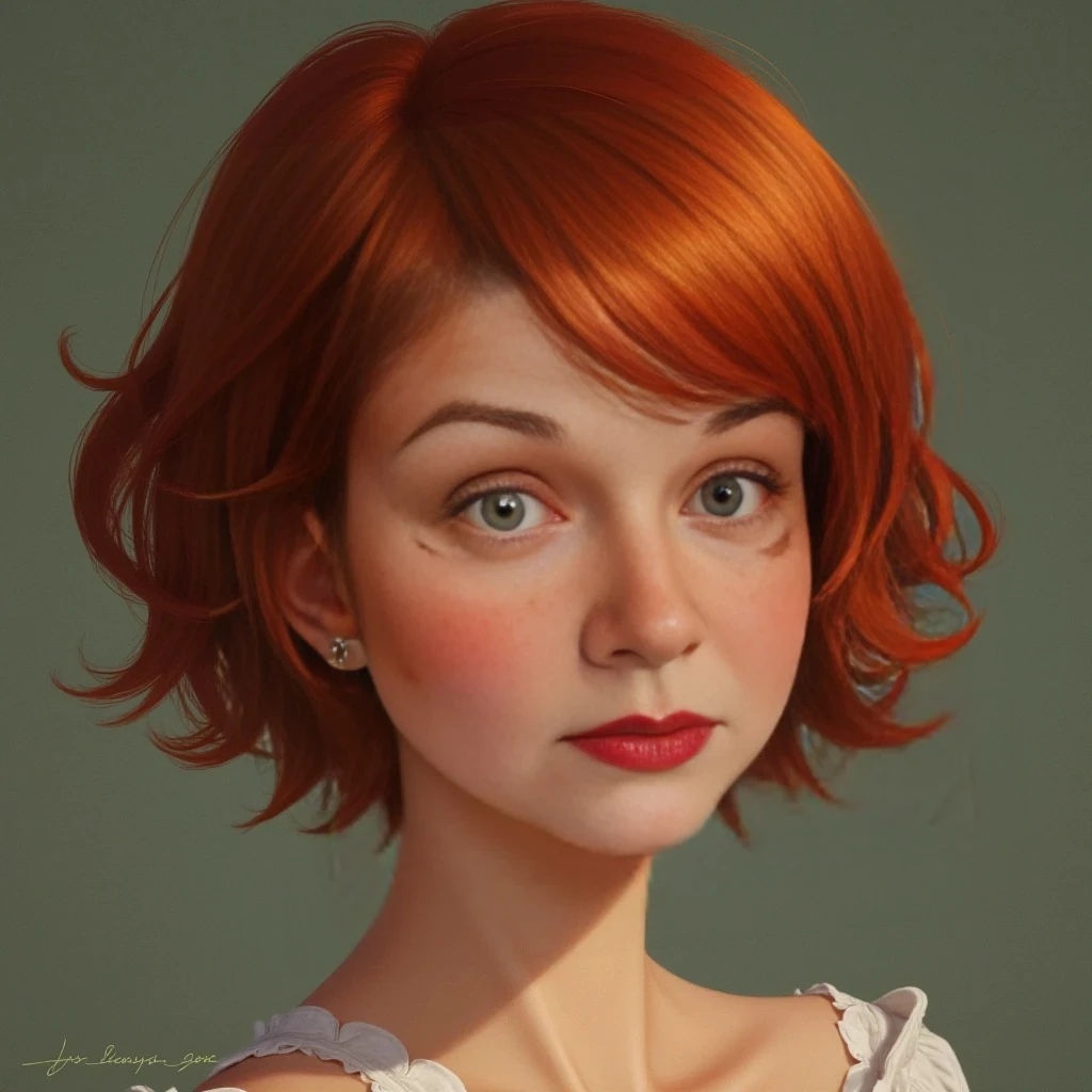 she has short red hair, green eyes, she is 5 foot 6 inches tall, dd breasts, and green eyes, freckles, 145 lbs, her skin is not perfect.