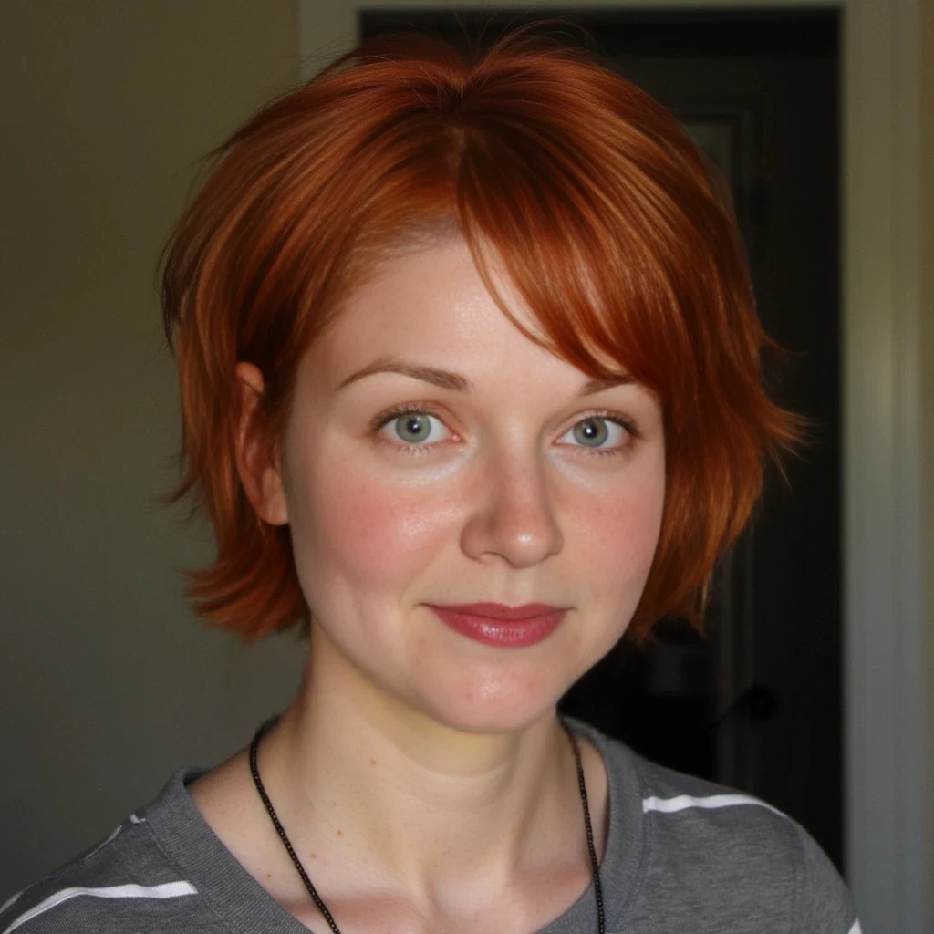 she has short red hair, green eyes, she is 5 foot 6 inches tall, dd breasts, and green eyes, freckles, 145 lbs, her skin is not perfect.