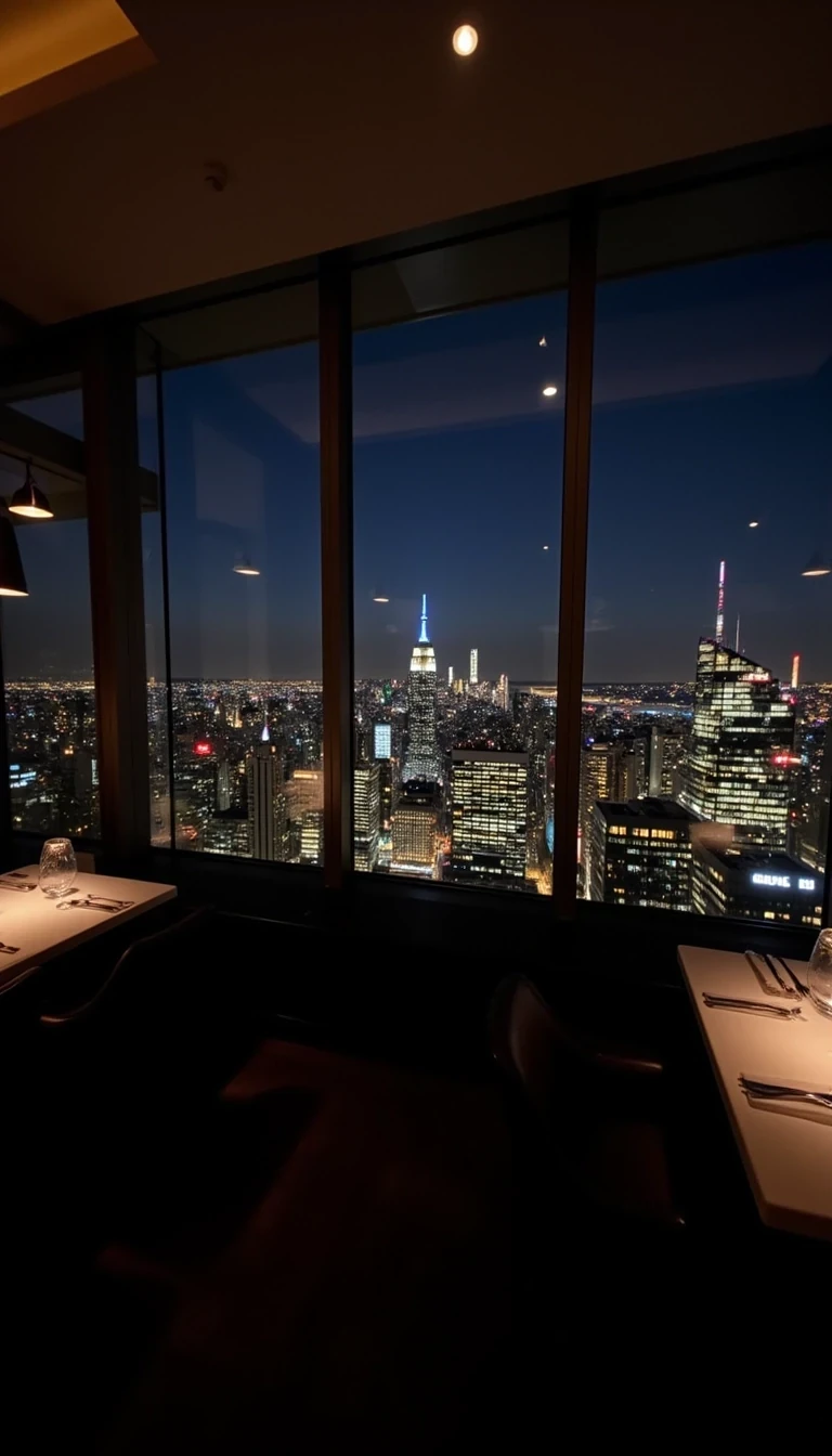 The background is a modern, upscale dining room with floor-to-ceiling windows that offer a panoramic view of a bustling cityscape at night. The city lights twinkle below, with prominent landmarks like the Empire State Building and other skyscrapers visible. The room itself features dark wooden furniture, including a rectangular table and chairs, and the walls are adorned with soft, ambient lighting. The overall ambiance suggests a sophisticated, high-end urban setting, likely in a high-rise building. 