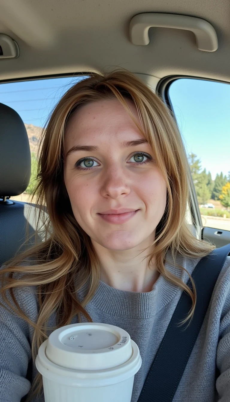 boring low quality snapchat photo circa 2015, A young woman with a warm smile, sitting in the driver's seat of a cozy car. She has soft, wavy brown hair cascading past her shoulders. The sunlight streams through the window, casting a gentle glow on her face. The interior of the car is neat and comfortable, with a coffee cup in the cup holder and a small plant on the dashboard. The background outside the window shows a scenic road lined with trees and blue skies