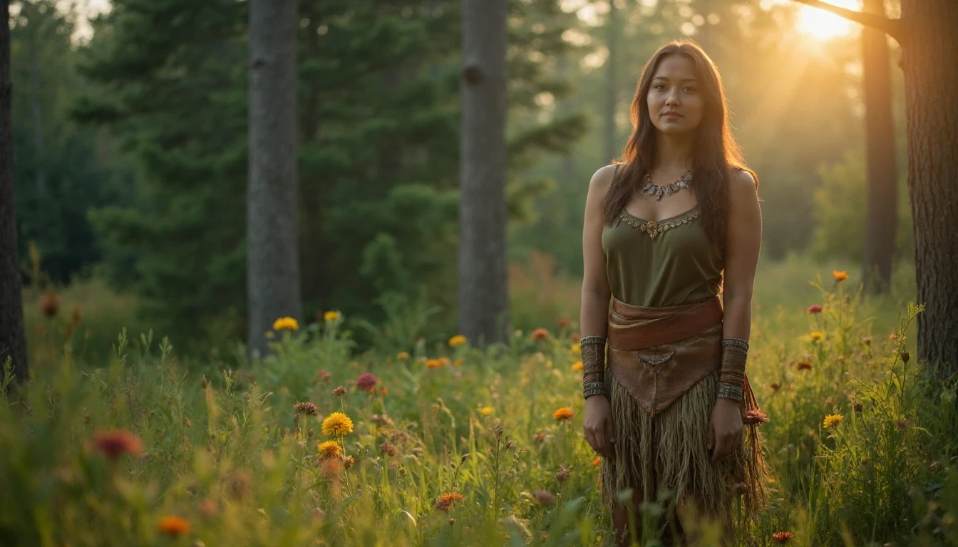 A fantasy native American forest goddess in a serene forest glade glowing 