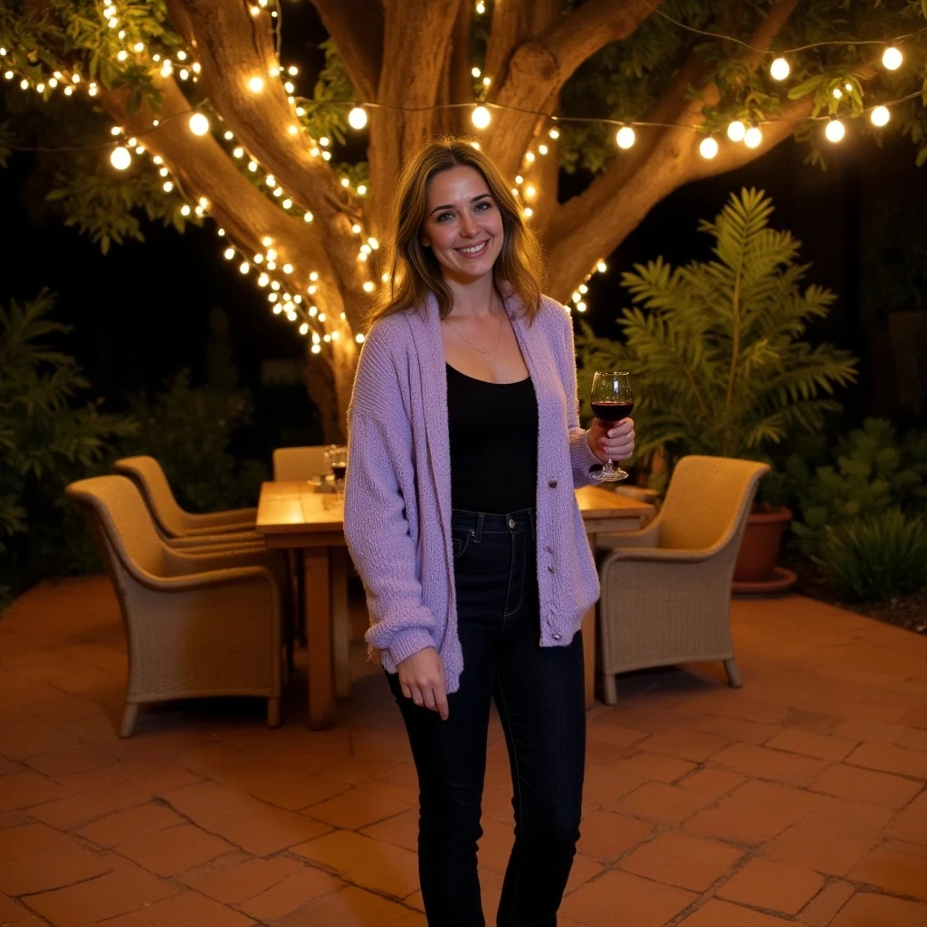 Full-length evening photograph of the same woman standing on a cozy, warmly lit patio. String lights wrap a large oak tree behind her, scattering tiny golden reflections over terracotta tiles and rattan chairs. She wears a soft-textured lavender cardigan open over a simple black camisole, slim high-waisted dark jeans, and ankle boots. She holds a glass of red wine in her right hand, smiling warmly at the camera. Fair skin glowing in the ambient light, clear textures on clothing, skin, and background, rich warm tones, relaxed and inviting vibe.