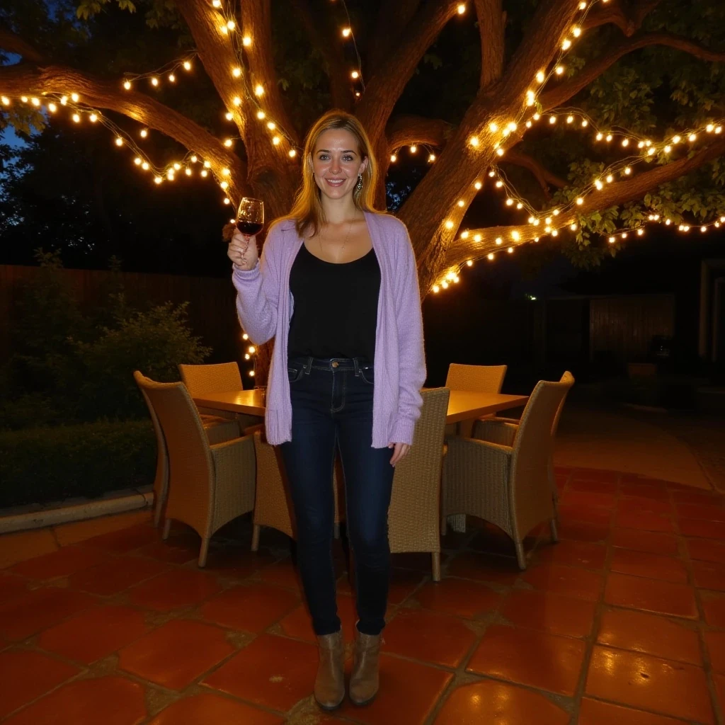 Full-length evening photograph of the same woman standing on a cozy, warmly lit patio. String lights wrap a large oak tree behind her, scattering tiny golden reflections over terracotta tiles and rattan chairs. She wears a soft-textured lavender cardigan open over a simple black camisole, slim high-waisted dark jeans, and ankle boots. She holds a glass of red wine in her right hand, smiling warmly at the camera. Fair skin glowing in the ambient light, clear textures on clothing, skin, and background, rich warm tones, relaxed and inviting vibe.