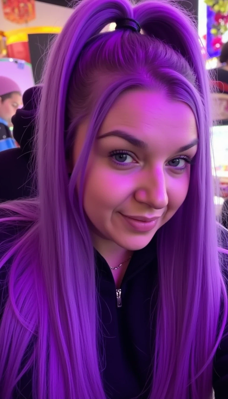 Snapchat-style CSTMDL with long purple hair in a high ponytail, neon cyber-fantasy background





