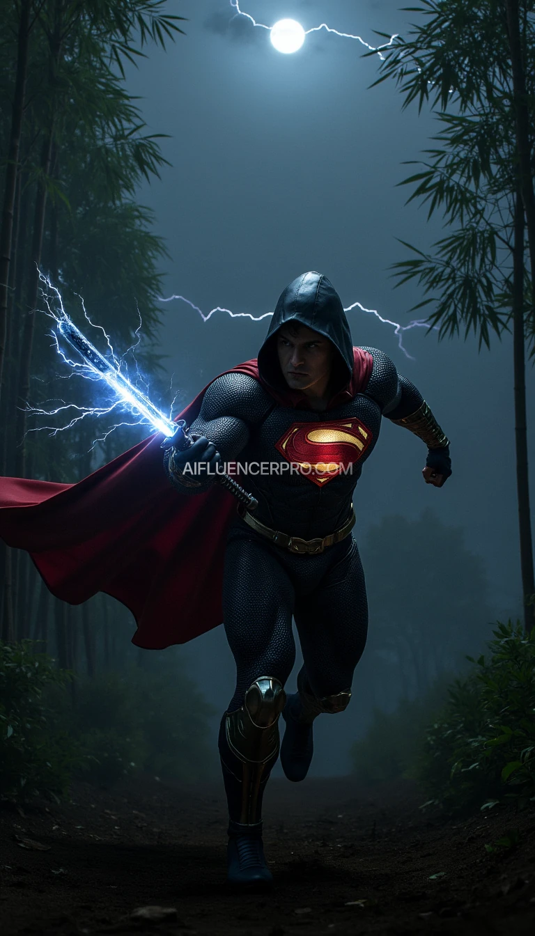 A photorealistic Superman wearing a modified ninja-inspired suit, poised to strike in an aggressive attacking pose. The suit is sleek and metallic, seamlessly merging robotic elements with armor plating. He dons a traditional ninja hooded cloak, enhancing his aura of precision and strength. In his hand, he wields an electrifying katana. The iconic 'S' symbol on his chest. The scene is set in a misty bamboo forest at night, where moonlight pierces through the dense foliage, casting sharp contrasts of light and shadow. A distant thunderstorm flashes faint lightning in the horizon, adding to the high-stakes, cinematic atmosphere. Superman lunges forward, his cape rippling as he becomes a striking figure in this otherworldly, dramatic setting.