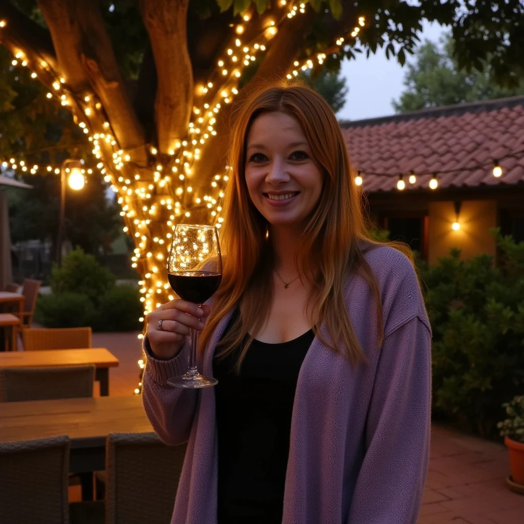 A full body shot photo of a woman standing outdoors at a cozy, warmly lit patio in the evening, with soft, glowing lights wrapped around a tree behind them creating a charming atmosphere. The image is rich in detail, with warm tones and clear textures throughout. The woman has fair skin, a slim build, and long reddish-blonde hair, also worn loose. She is smiling warmly at the camera, holding a glass of red wine in her right hand, and wears a soft-textured lavender cardigan over a black top. The background features a large tree with sparkling string lights wrapped around its trunk and branches, adding a magical touch to the scene. The setting suggests a private outdoor seating area, with elements like terracotta-tiled roofing, greenery, and rattan chairs contributing to a serene, inviting vibe. The overall composition is balanced, with the woman framed against the softly glowing tree, and the lighting enhances the warm, intimate feel of a quiet evening shared among friends. The details are vivid, with textures of clothing, skin, and background elements clearly visible, while the warm lighting creates a relaxed and joyful mood