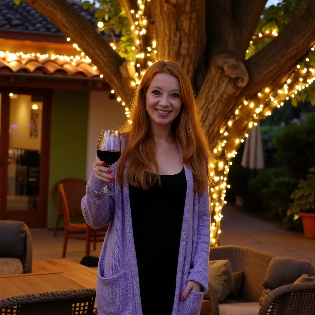 A full body shot photo of a woman standing outdoors at a cozy, warmly lit patio in the evening, with soft, glowing lights wrapped around a tree behind them creating a charming atmosphere. The image is rich in detail, with warm tones and clear textures throughout. The woman has fair skin, a slim build, and long reddish-blonde hair, also worn loose. She is smiling warmly at the camera, holding a glass of red wine in her right hand, and wears a soft-textured lavender cardigan over a black top. The background features a large tree with sparkling string lights wrapped around its trunk and branches, adding a magical touch to the scene. The setting suggests a private outdoor seating area, with elements like terracotta-tiled roofing, greenery, and rattan chairs contributing to a serene, inviting vibe. The overall composition is balanced, with the woman framed against the softly glowing tree, and the lighting enhances the warm, intimate feel of a quiet evening shared among friends. The details are vivid, with textures of clothing, skin, and background elements clearly visible, while the warm lighting creates a relaxed and joyful mood