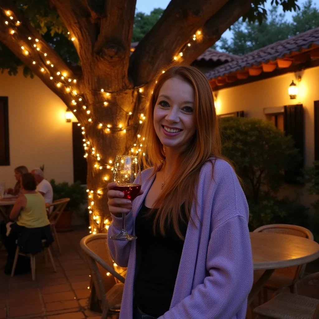 A full body shot photo of a woman standing outdoors at a cozy, warmly lit patio in the evening, with soft, glowing lights wrapped around a tree behind them creating a charming atmosphere. The image is rich in detail, with warm tones and clear textures throughout. The woman has fair skin, a slim build, and long reddish-blonde hair, also worn loose. She is smiling warmly at the camera, holding a glass of red wine in her right hand, and wears a soft-textured lavender cardigan over a black top. The background features a large tree with sparkling string lights wrapped around its trunk and branches, adding a magical touch to the scene. The setting suggests a private outdoor seating area, with elements like terracotta-tiled roofing, greenery, and rattan chairs contributing to a serene, inviting vibe. The overall composition is balanced, with the woman framed against the softly glowing tree, and the lighting enhances the warm, intimate feel of a quiet evening shared among friends. The details are vivid, with textures of clothing, skin, and background elements clearly visible, while the warm lighting creates a relaxed and joyful mood