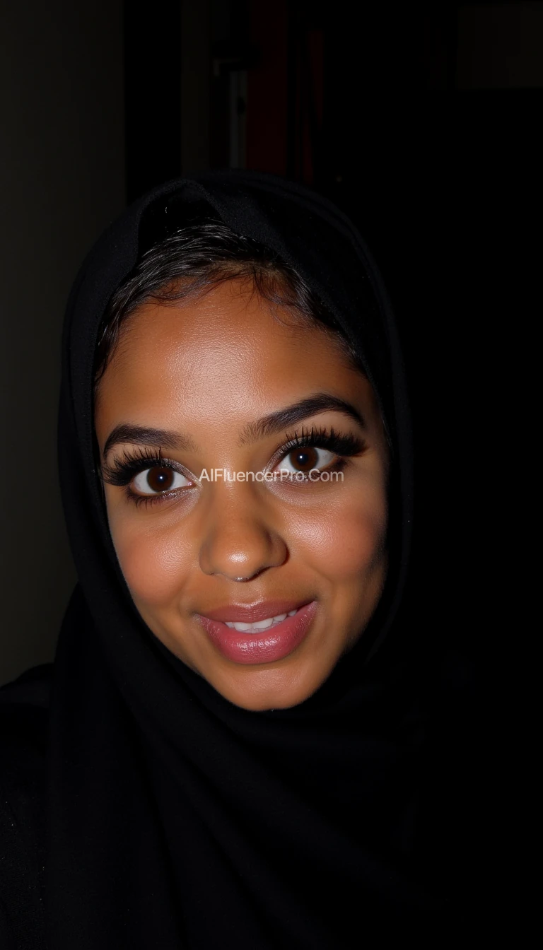 somali teen weaing fake eyelashes, black hijab, juicy wet lip gloss, black eyeshadow, black mascarra, big forehead, arab nose. nightclub